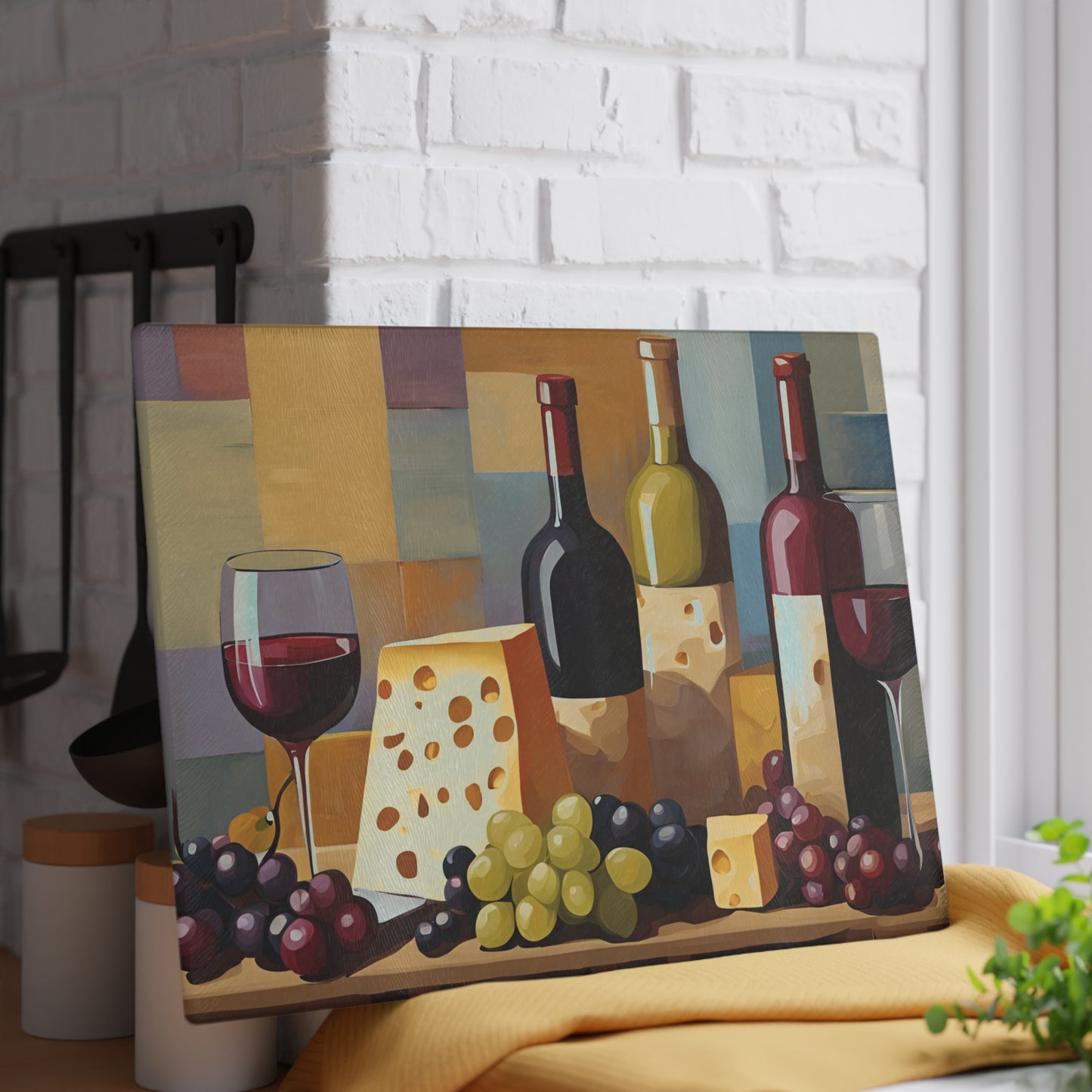 Kitchen Decor Glass Cutting Board Serving Tray with Wine and Cheese Design Cutting Board Gift for Home Cook Charcuterie Board