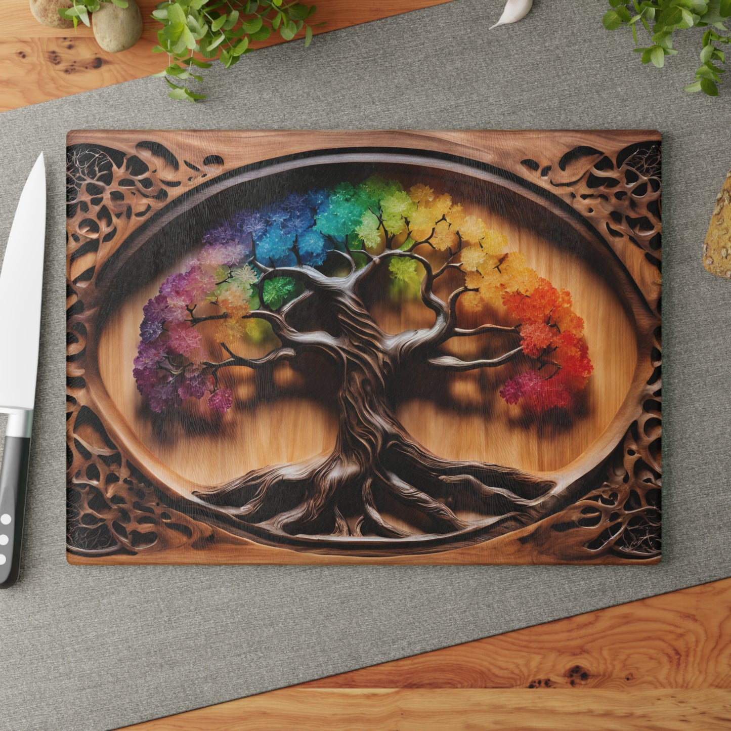 Glass Kitchen Decor Glass Cutting Board Serving Tray with Tree of Life Design Cutting Board Gift for Home Cook Glass Charcuterie Board