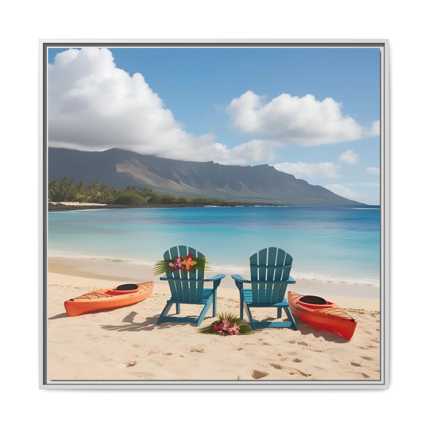 Chairs on the Beach Calm Sunny Day Framed Canvas Wall Art Beach Lover Vacation Oceanic Gift Nature Lover Peaceful Zen Gift 3 frame colors