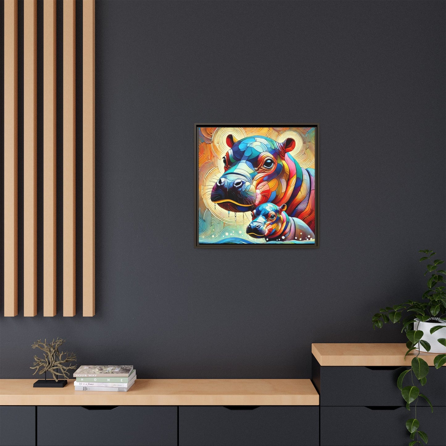 Modern Hippo Print Abstract Design Unique Framed Canvas Print Baby Hippo Wall Art Animal Lover Gift Nature Lover Decor 3 frame colors