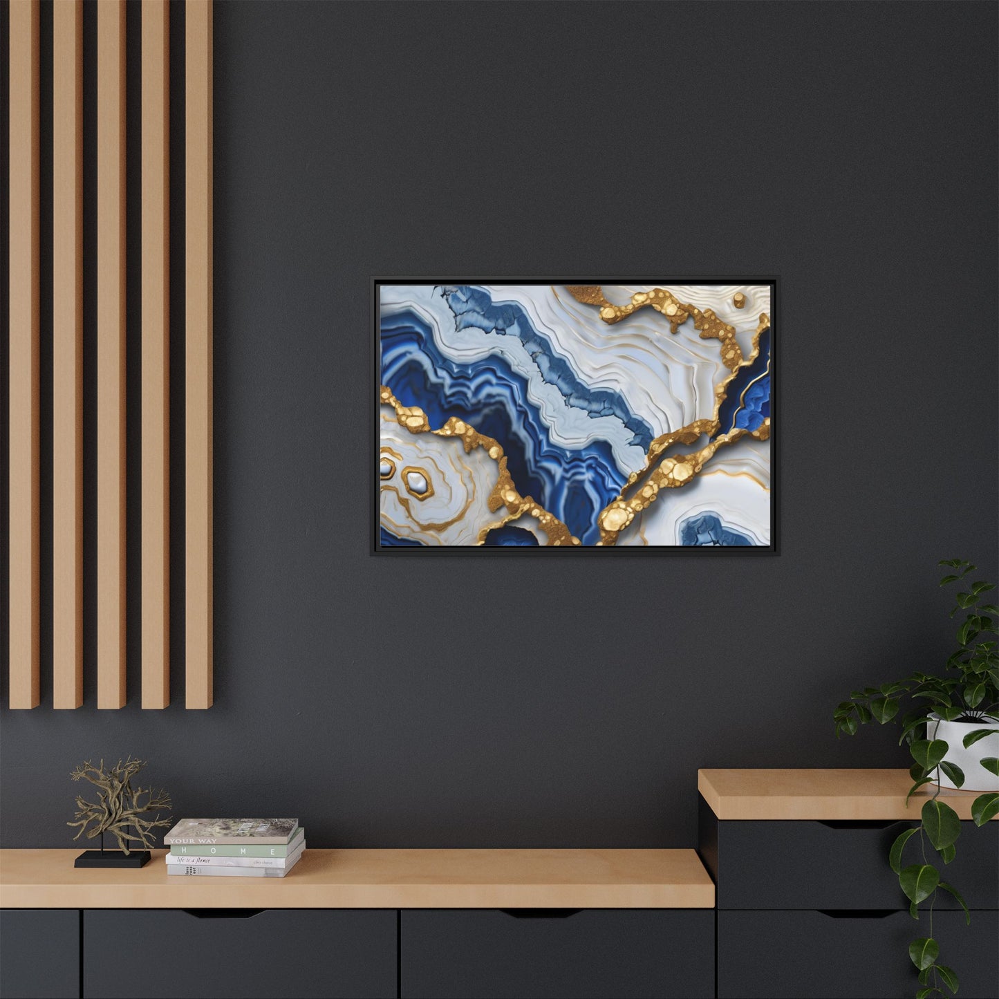 Blue, White and Gold Quartz Crystal Geode Design Print Matte Canvas Wall Art Nature Lover Gift Geology Rock Lover Gift 3 frame color choices