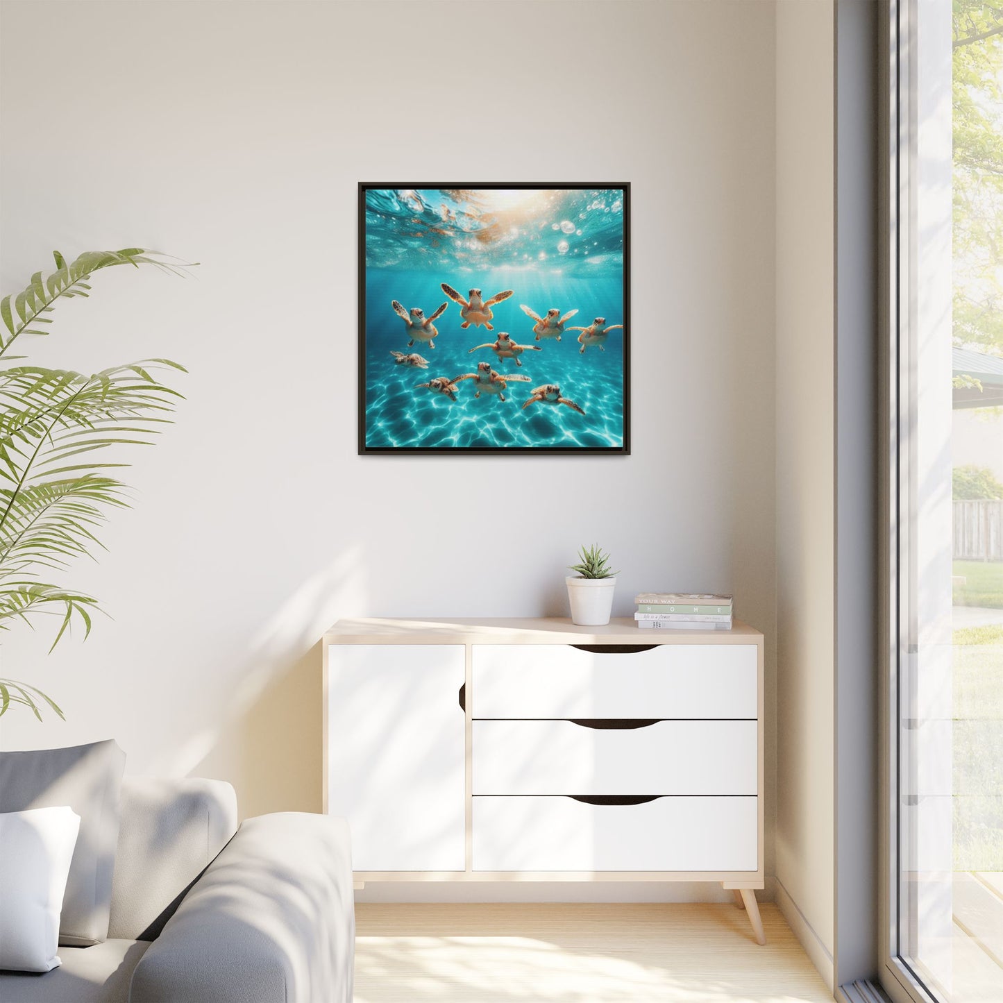 Baby Sea Turtles Out for a Swim Framed Canvas Wall Art Beach Lover Vacation Oceanic Gift Nature Lover Peaceful Zen Gift 3 frame colors