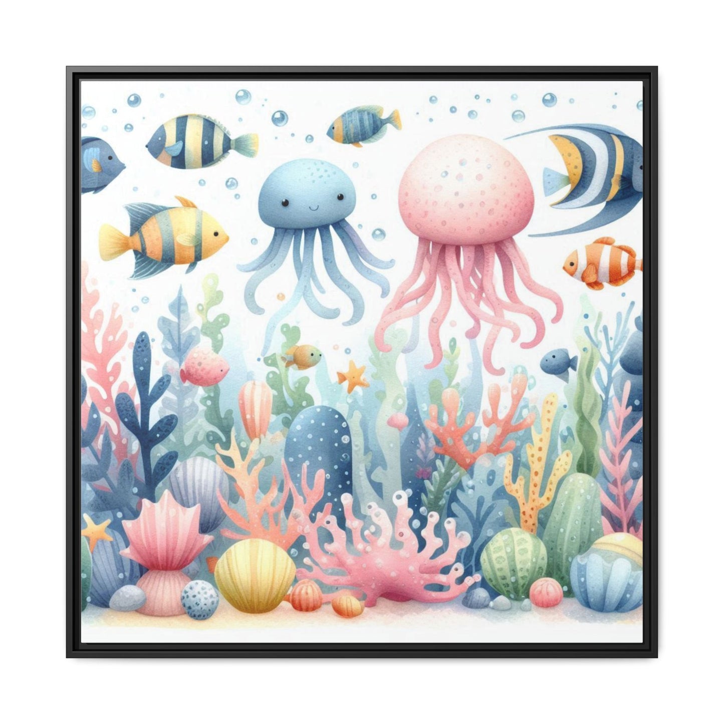 Whimsical Nursery Decor Pastel Underwater Design Unique Sweet Baby Room Framed Canvas Ocean Fish Print Unisex Baby Shower Octopus Gift