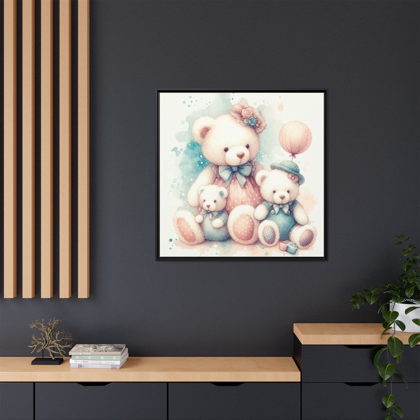 Whimsical Nursery Decor Pastel Floral Teddy Bear Design Wall Art Unique Sweet Baby Room Framed Canvas Print Unisex Baby Shower Gift