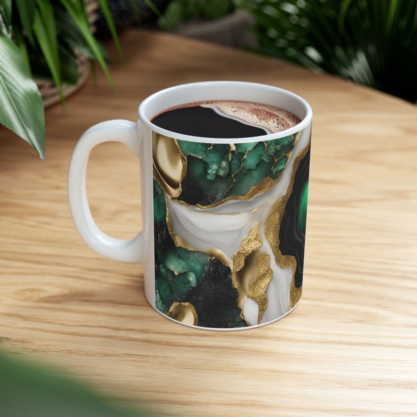 Black, White, Emerald Green and Gold Crystal Geode Design Coffee Tea Mug Boho Gemologist Gift Nature Lover Marble Rock Agate Geology Gift