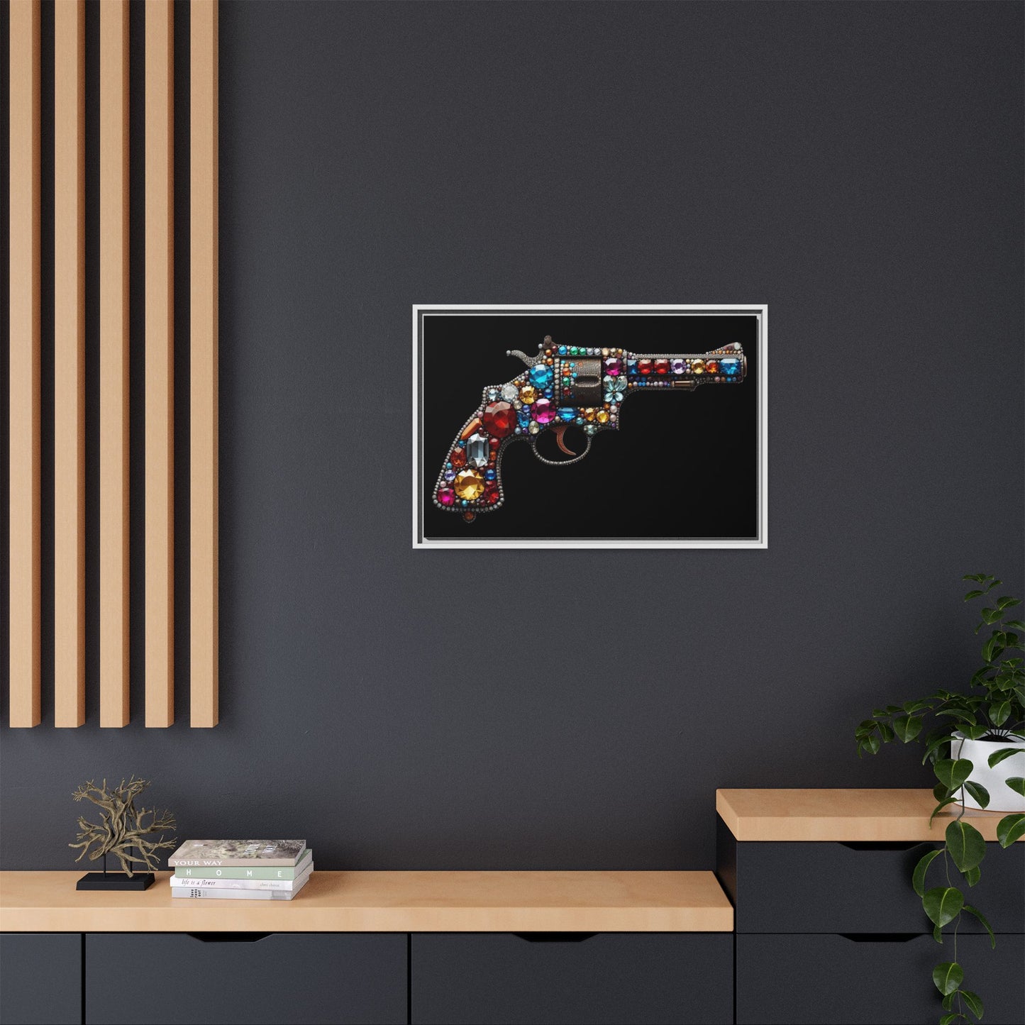 Bejeweled Revolver Print AI Design Unique Framed Canvas Print Wall Art Gun Lover Gift Edgy Glam Fantasy Weapon Decor 3 frame colors