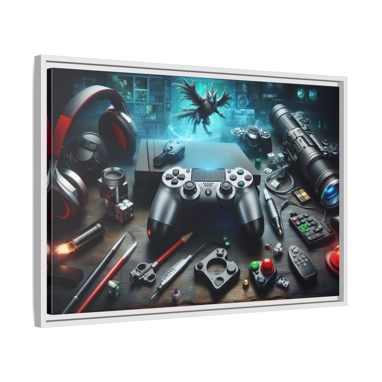 Gamer Themed Unique Framed AI Canvas Print Wall Art Video Game Lover Futuristic Digital Style Gift Cyber Geek Matrix Decor 3 frame colors