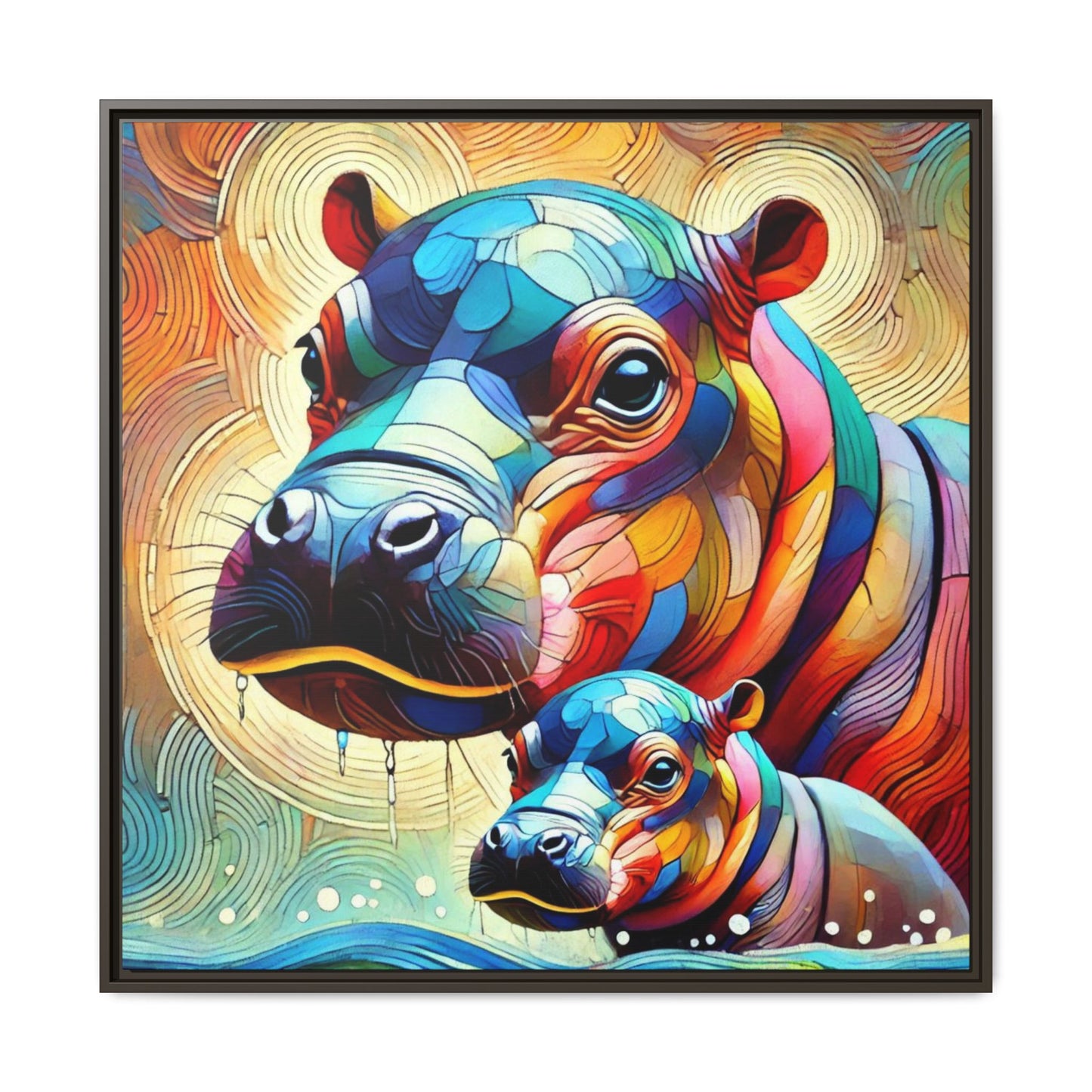 Modern Hippo Print Abstract Design Unique Framed Canvas Print Baby Hippo Wall Art Animal Lover Gift Nature Lover Decor 3 frame colors