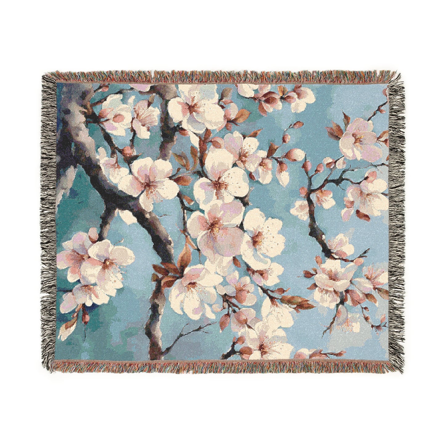 Asian Art Style Plum Blossoms Cozy Reading Throw for Book Lovers Cotton Woven Fringed Picnic Blanket Wall Art