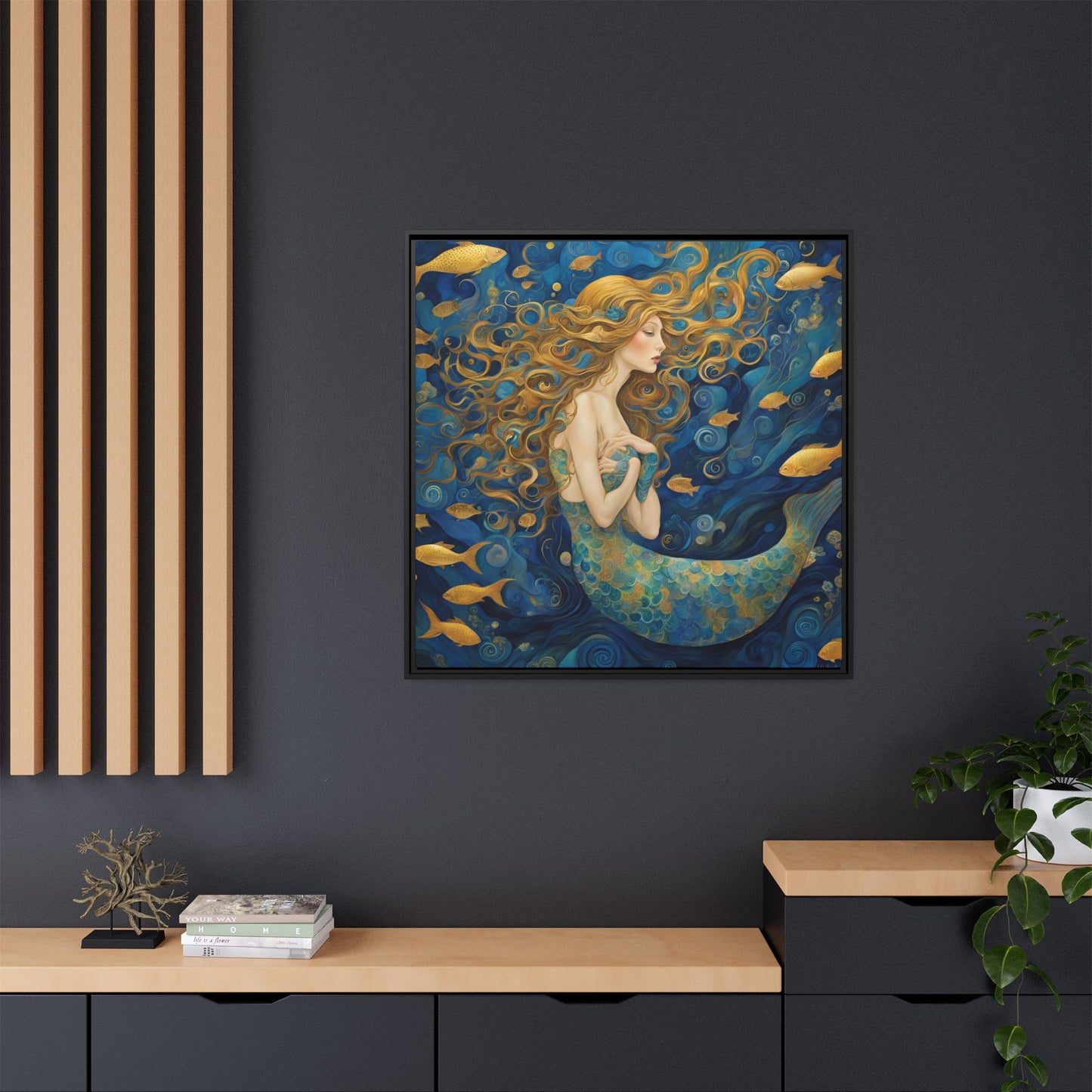 Modern Abstract Mermaid Design Unique Framed Canvas Oceanic Wall Art Underwater Gold Fish Anime Gift Nature Lover Gift 3 frame colors