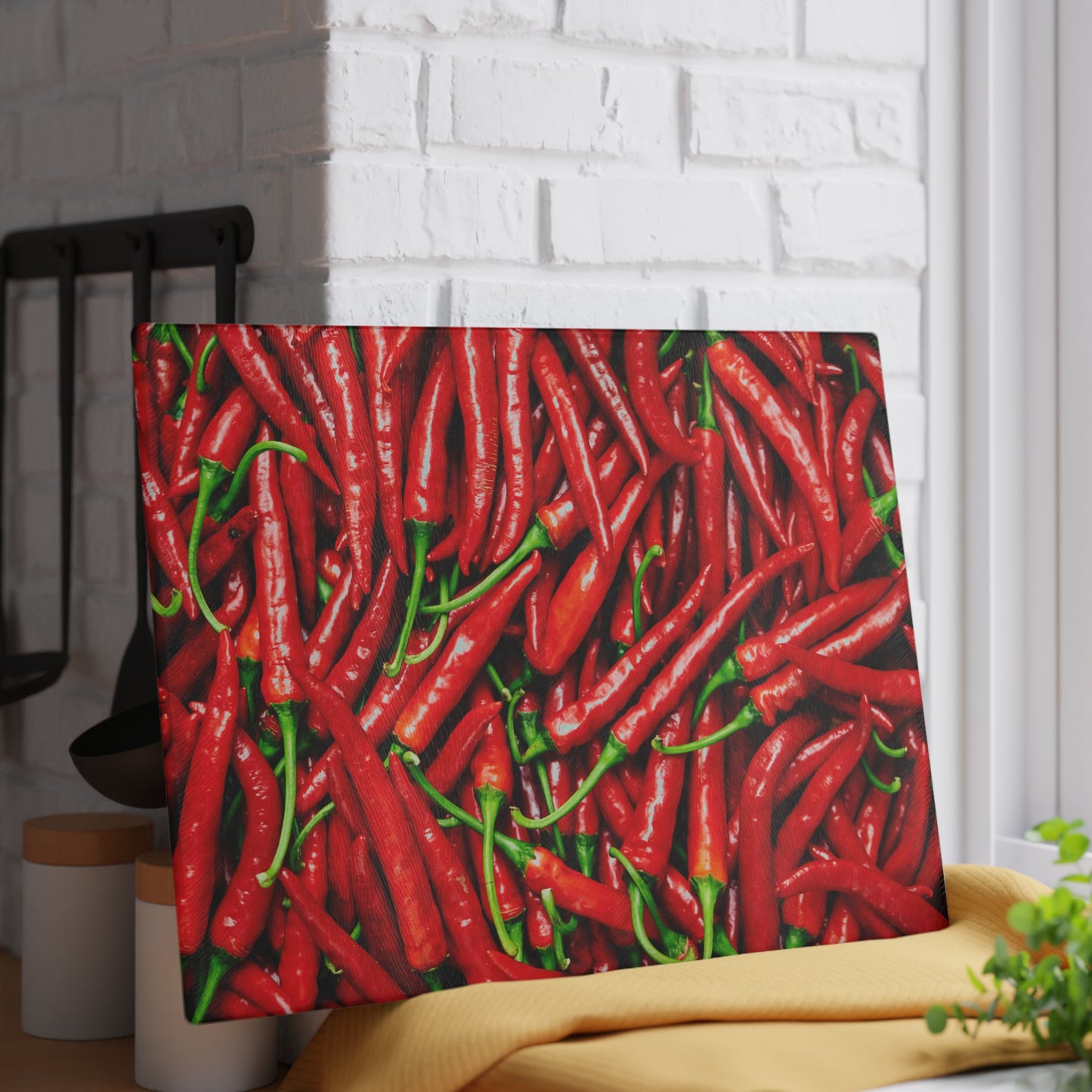 Kitchen Decor Glass Cutting Board Serving Tray with Red Hot Chili Peppers Spices Design Cutting Board Gift for Home Cook Charcuterie Board