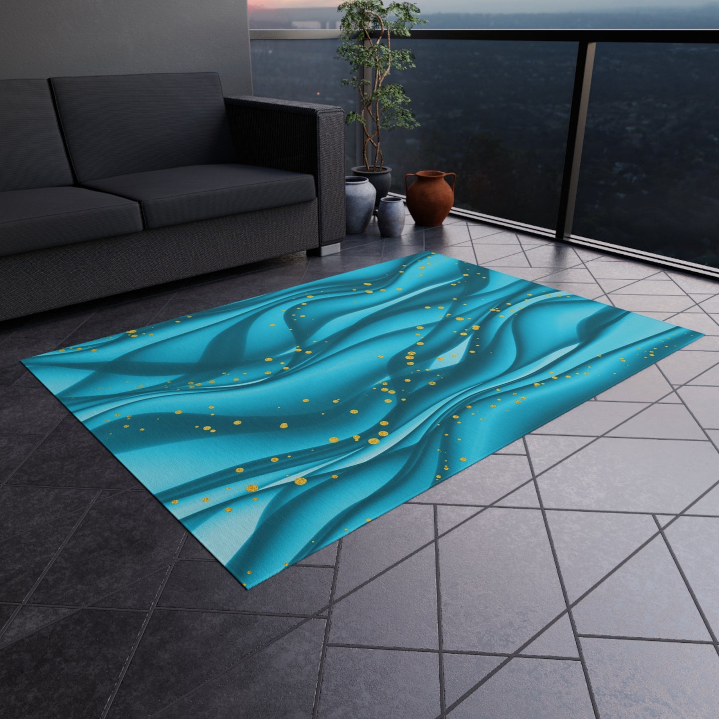 Wavy Design Chenille Outdoor Rug with No-Skid Backing Cozy Outdoor Carpet Patio Decor Gazebo Rug Beachy Tropical Pool Area Oceanic Decor