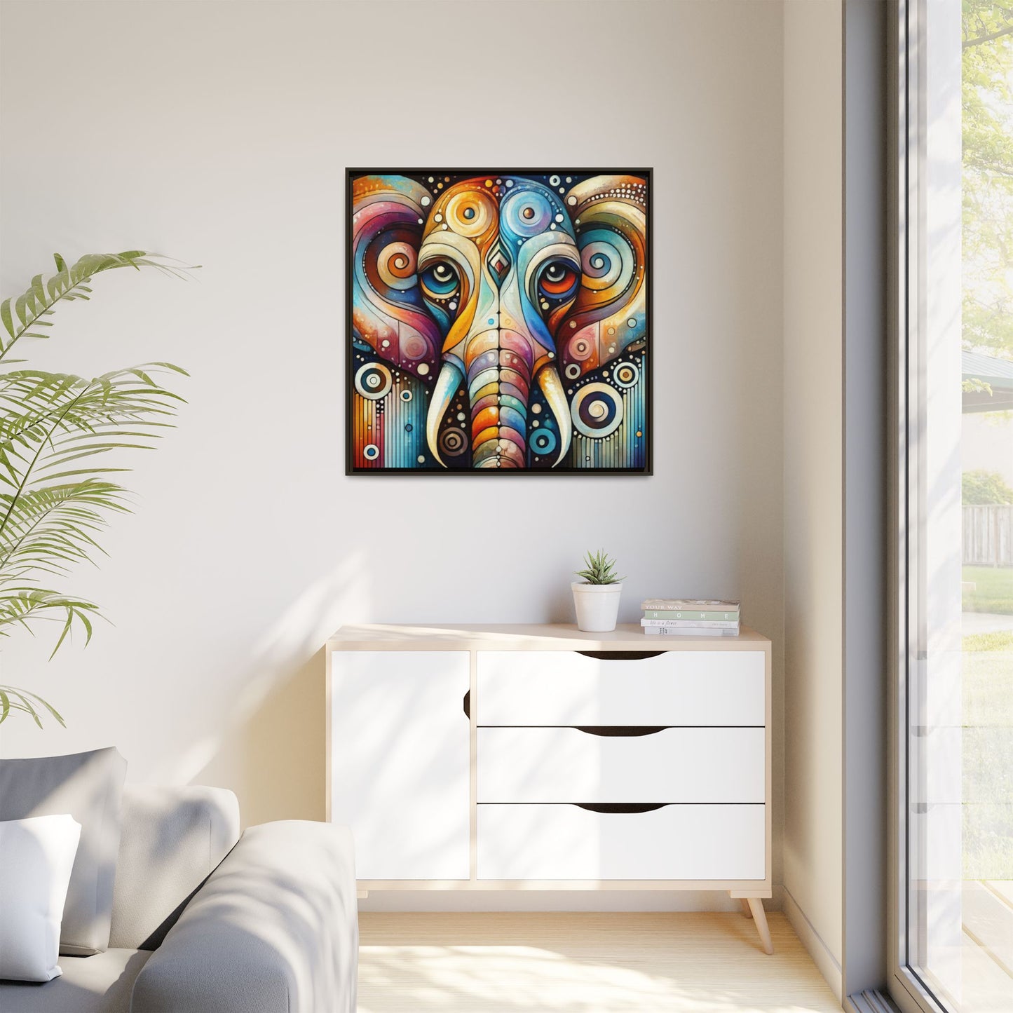 Modern Elephant Face Print Abstract Design Unique Framed Canvas Print African Wall Art Animal Lover Nature Lover Decor 3 frame colors