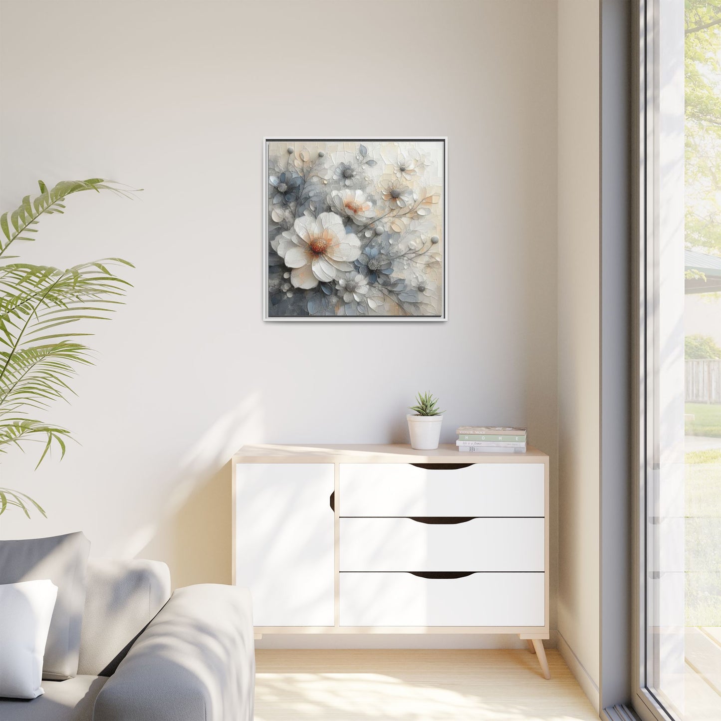 Modern Grey and White Floral Design Unique Framed Canvas Wall Art Flower Lover Gift Nature Lover Gift 3 frame colors
