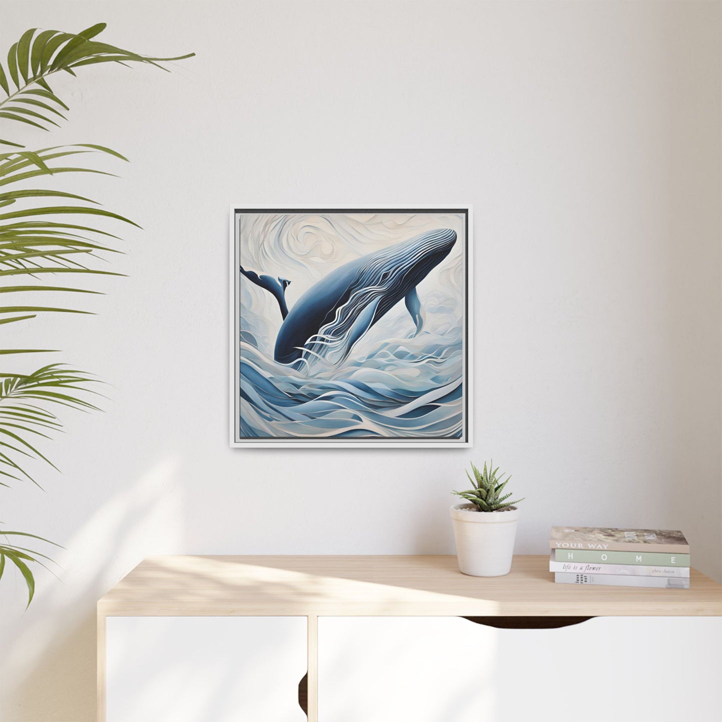 Modern Abstract Whale Wave Design Unique Framed Canvas Wall Art Ocean Beach Gift Nature Lover Gift Underwater Sea Lover Gift 3 frame colors