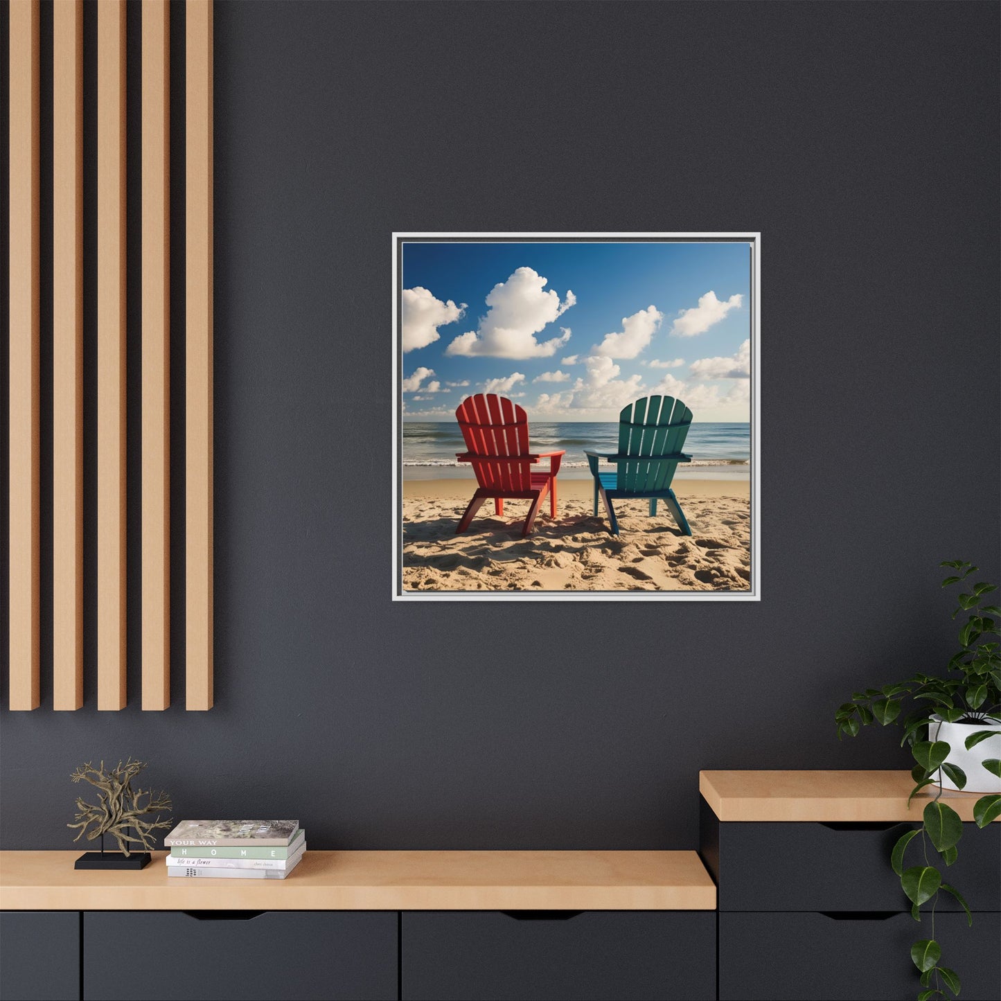 Chairs on the Beach Calm Sunny Day Framed Canvas Wall Art Beach Lover Vacation Oceanic Gift Nature Lover Peaceful Zen Gift 3 frame colors
