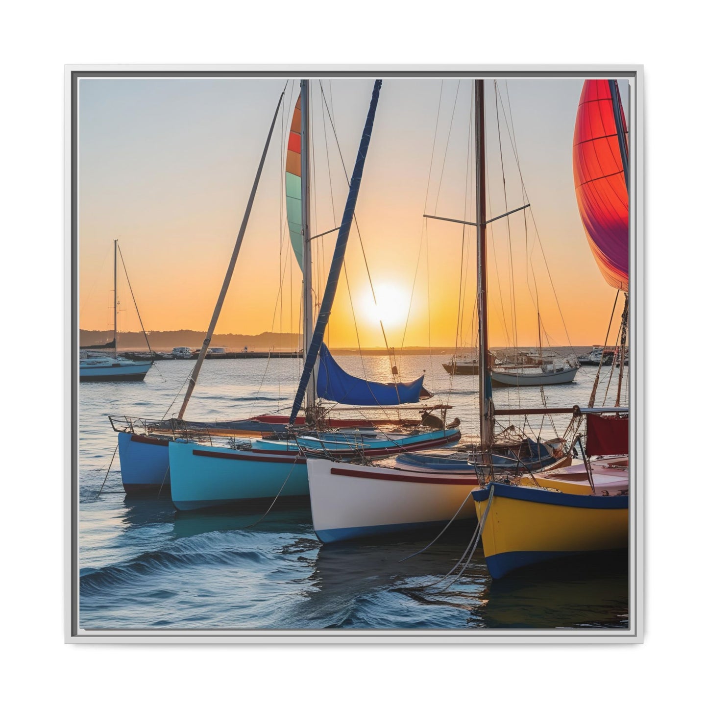 Sailboats at Sunset in Harbor Framed Canvas Wall Art Beach Lover Vacation Oceanic Gift Nature Lover Peaceful Zen Sunrise Art 3 frame colors
