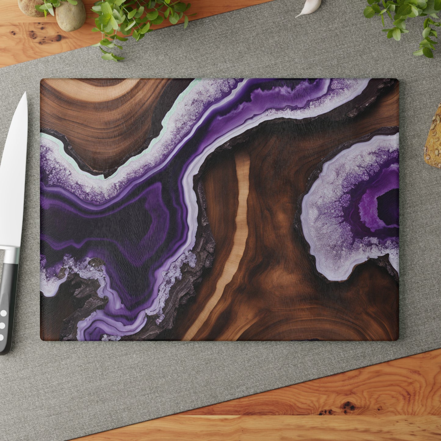 Kitchen Decor Glass Wood-look Image Nature Lover Cutting Board Serving Tray Home Cook Gift Colorful Glass Geode-inspired Charcuterie Board