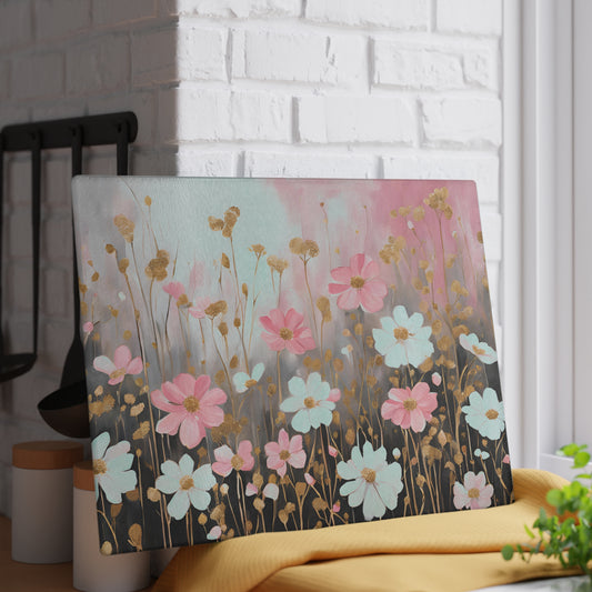 Kitchen Decor Glass Cutting Board Serving Tray with Field of Flowers Pattern Cutting Board Gift for Home Cook Charcuterie Board