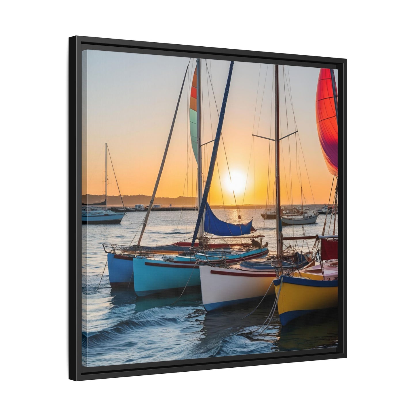 Sailboats at Sunset in Harbor Framed Canvas Wall Art Beach Lover Vacation Oceanic Gift Nature Lover Peaceful Zen Sunrise Art 3 frame colors