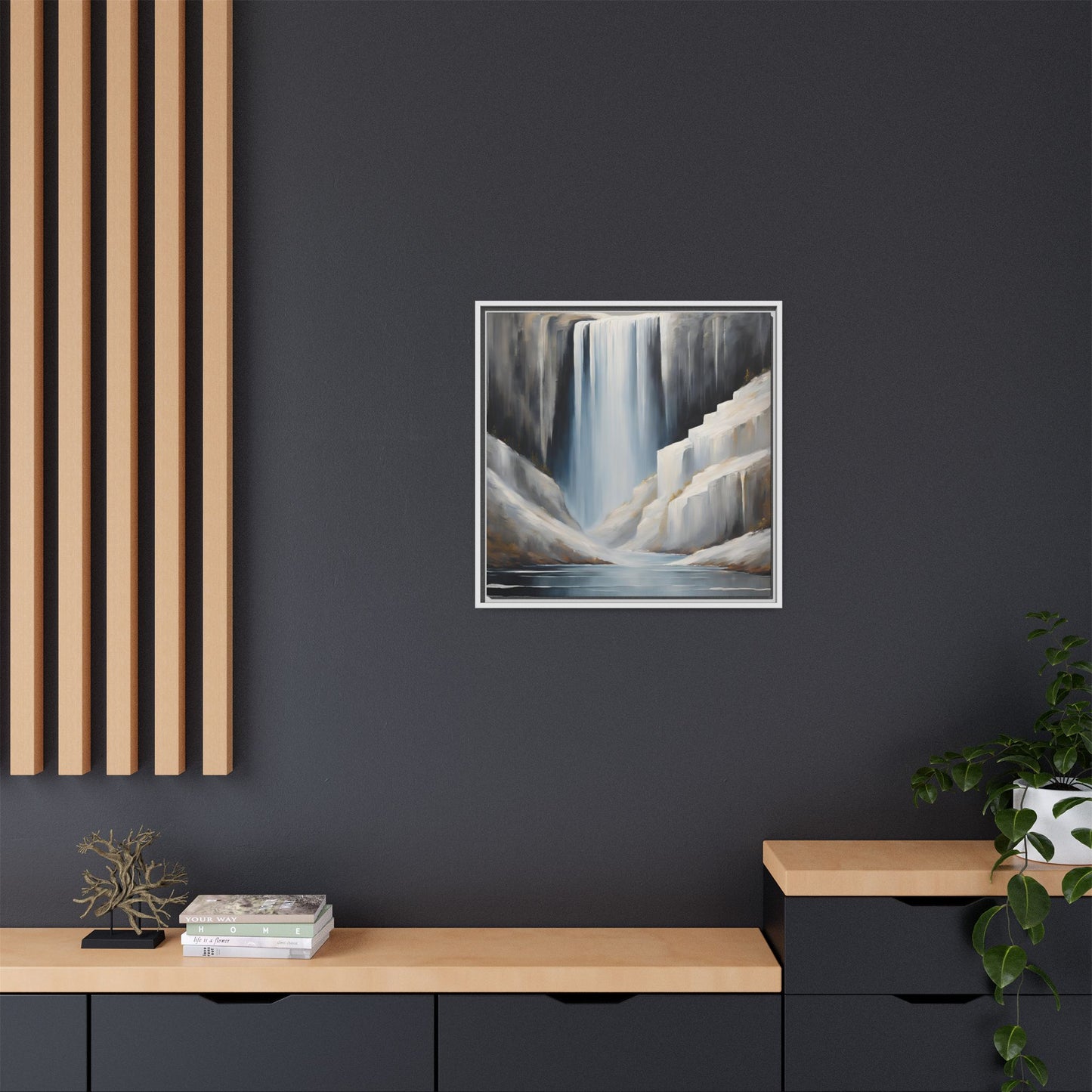 Modern Abstract Waterfall Design Unique Framed Canvas Wall Art Ocean Beach Gift Nature Lover Gift Mountain Landscape Gift 3 frame colors