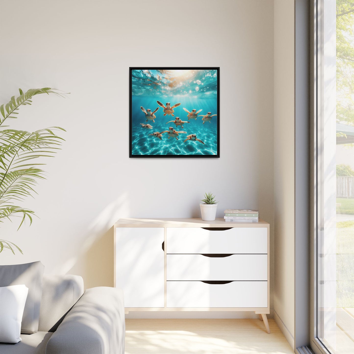 Baby Sea Turtles Out for a Swim Framed Canvas Wall Art Beach Lover Vacation Oceanic Gift Nature Lover Peaceful Zen Gift 3 frame colors