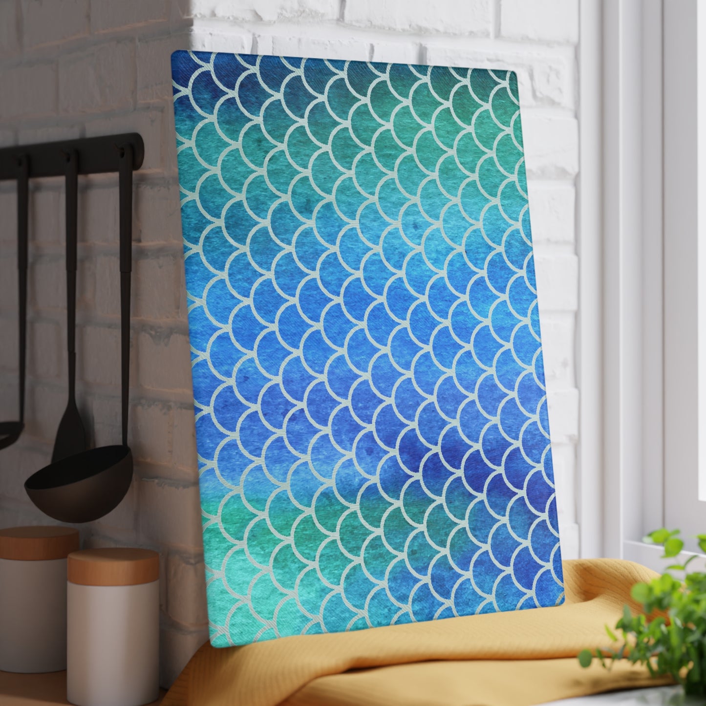 Beachy Kitchen Decor Glass Cutting Board Serving Tray with Fish Scale Design Cutting Board Gift for Home Cook Fun Charcuterie Board