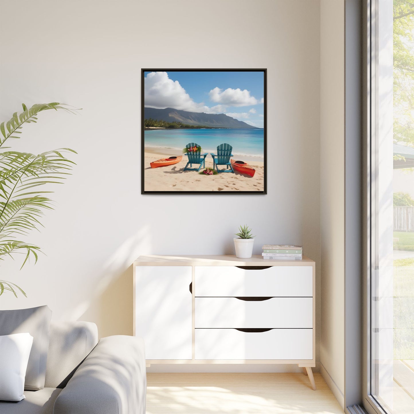 Chairs on the Beach Calm Sunny Day Framed Canvas Wall Art Beach Lover Vacation Oceanic Gift Nature Lover Peaceful Zen Gift 3 frame colors