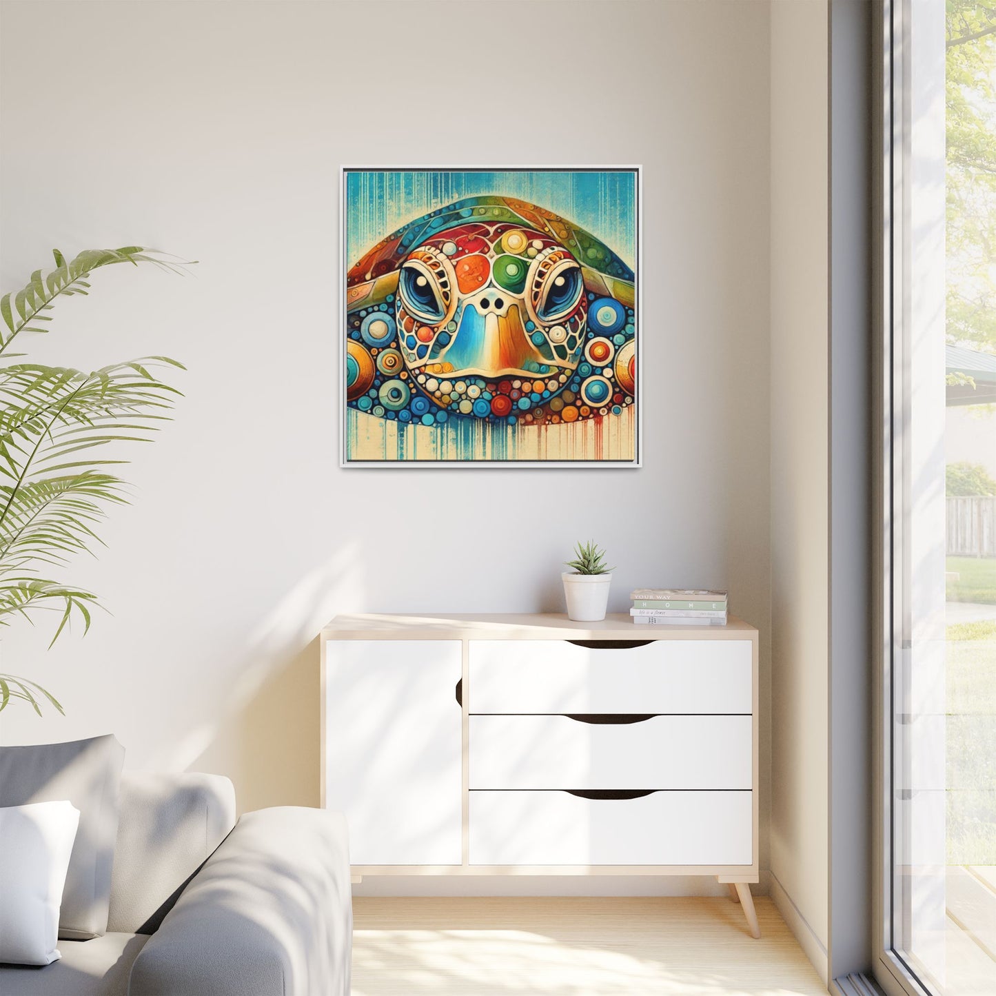 Modern Sea Turtle Print Abstract Design Unique Framed Canvas Print Oceanic Beachy Wall Art Animal Lover Nature Lover Decor 3 frame colors