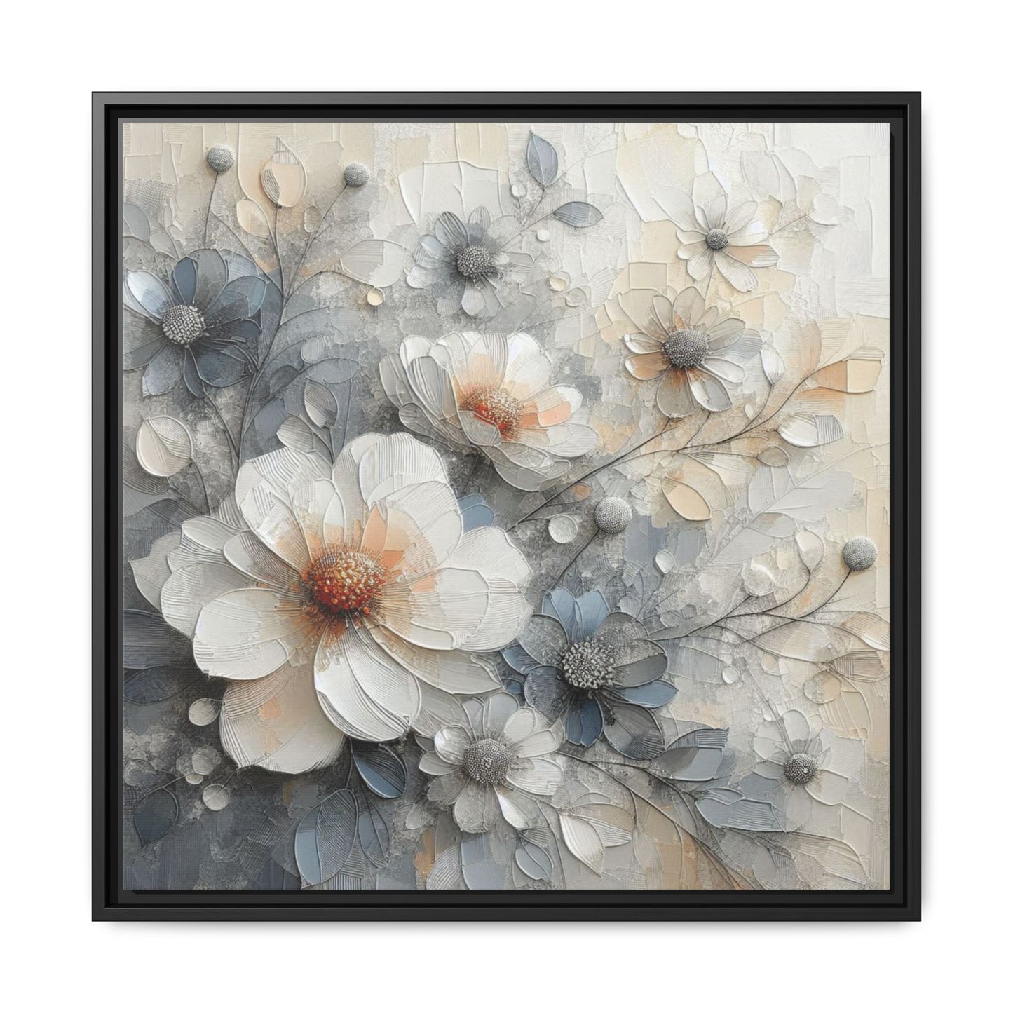 Modern Grey and White Floral Design Unique Framed Canvas Wall Art Flower Lover Gift Nature Lover Gift 3 frame colors
