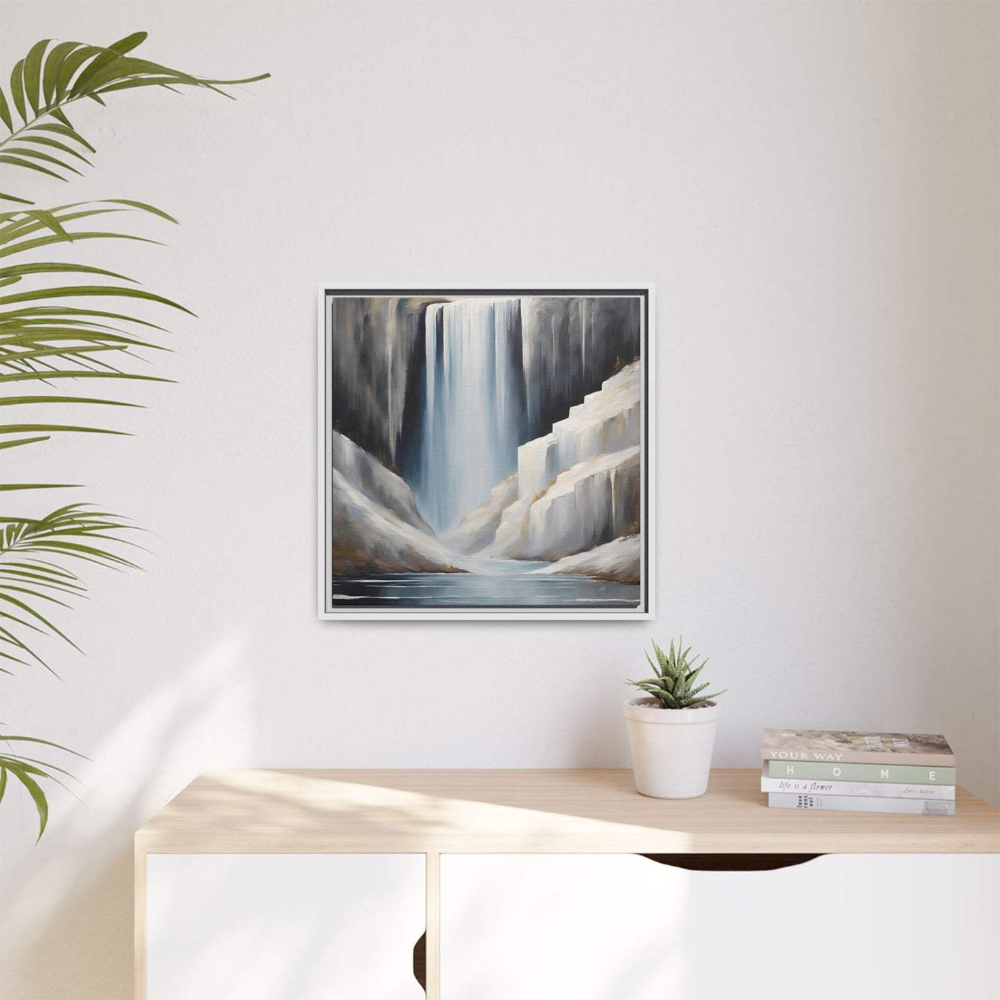 Modern Abstract Waterfall Design Unique Framed Canvas Wall Art Ocean Beach Gift Nature Lover Gift Mountain Landscape Gift 3 frame colors