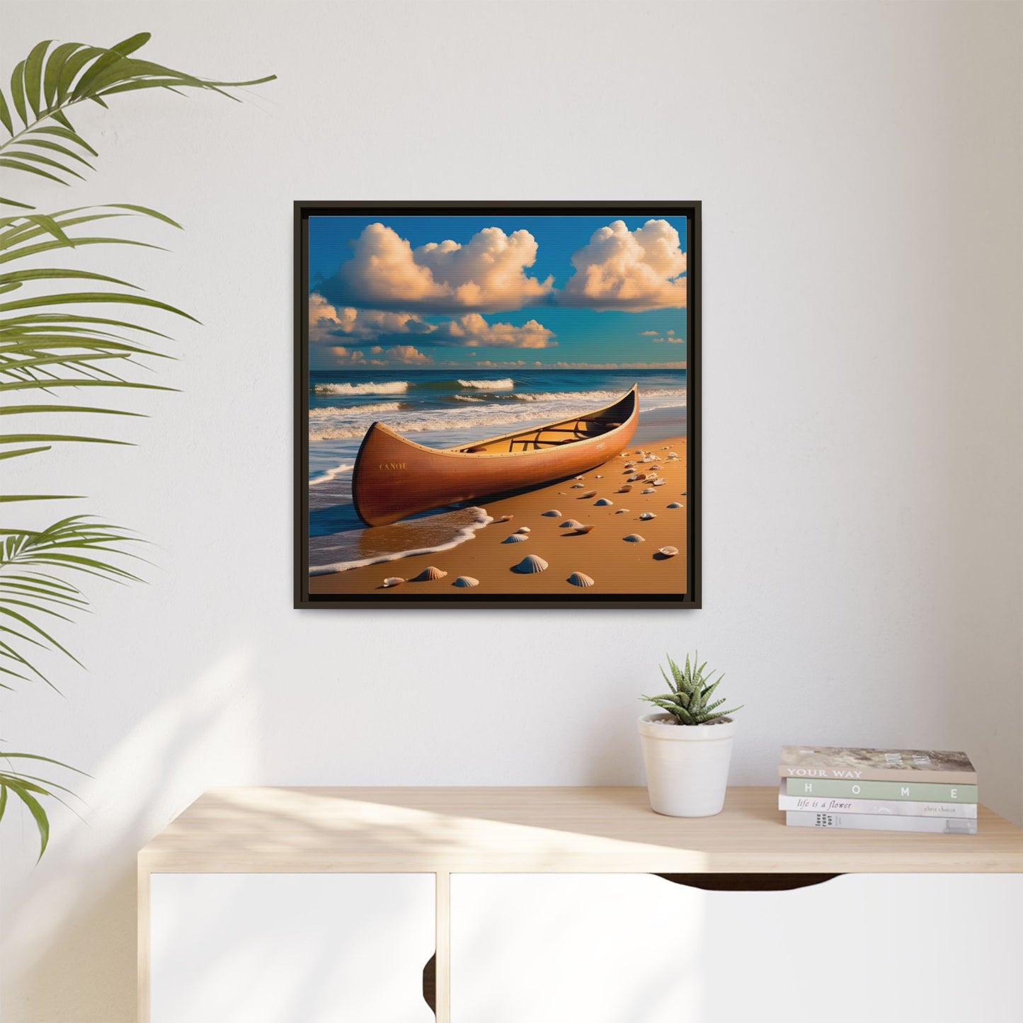 Canoe on the Beach Calm Sunny Day Framed Canvas Wall Art Beach Lover Vacation Oceanic Gift Nature Lover Peaceful Zen Gift 3 frame colors