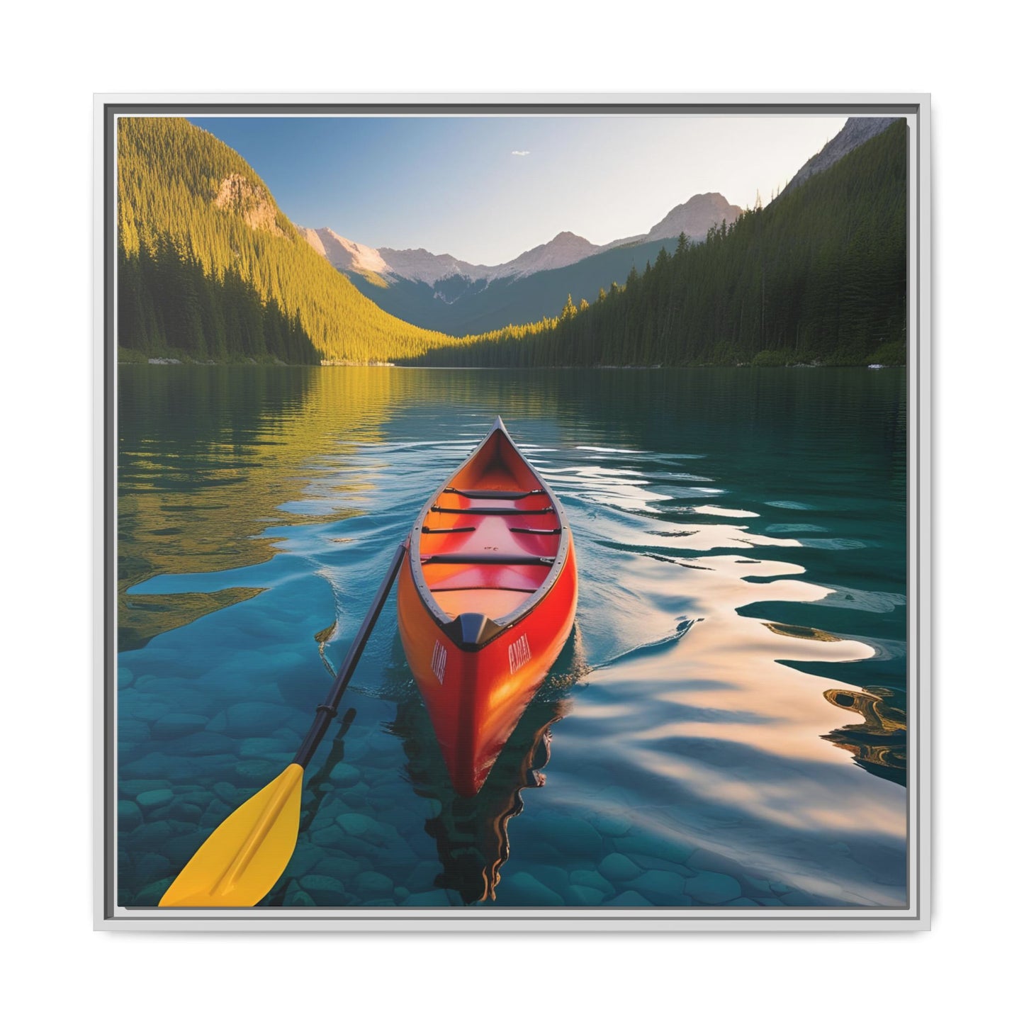 Canoe in the River Framed Canvas Wall Art Mountain Lover Outdoorsman Vacation Kayak Gift Nature Lover Peaceful Zen Gift 3 frame colors