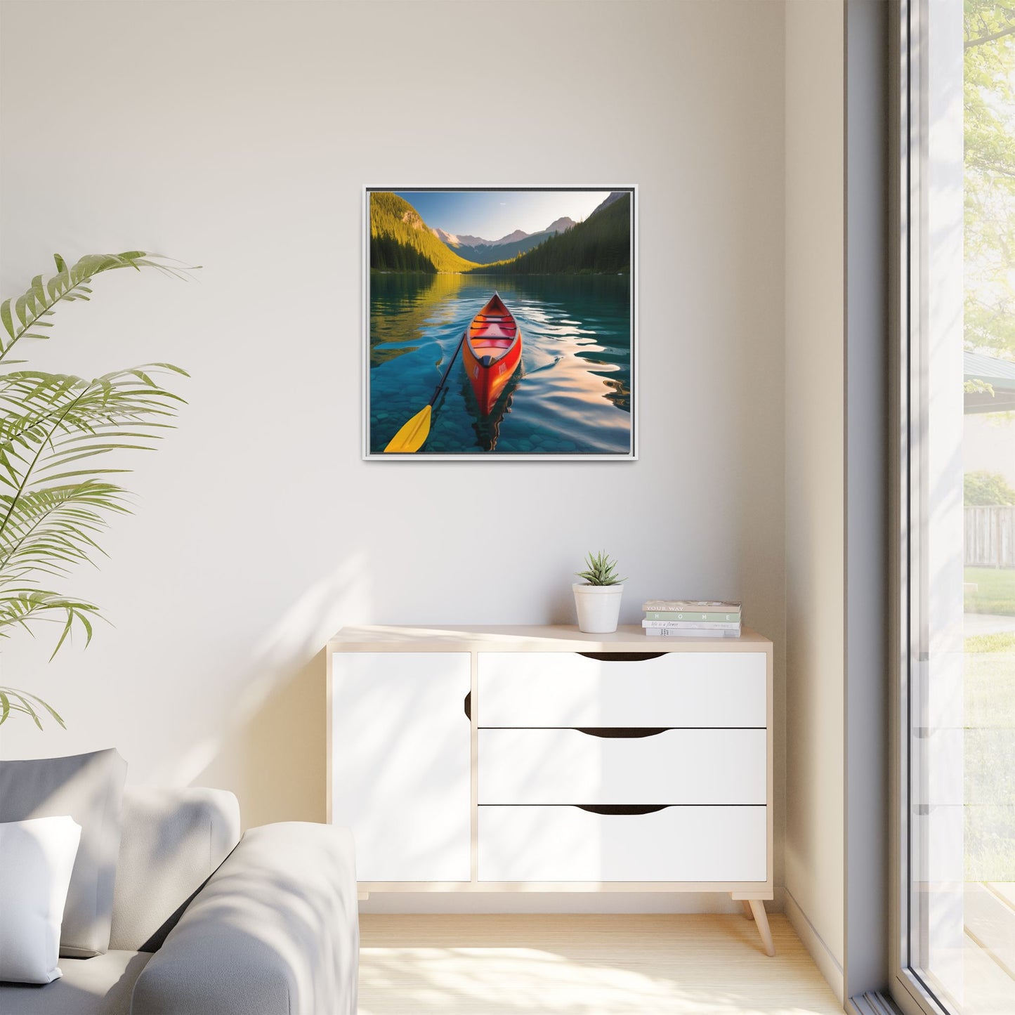 Canoe in the River Framed Canvas Wall Art Mountain Lover Outdoorsman Vacation Kayak Gift Nature Lover Peaceful Zen Gift 3 frame colors