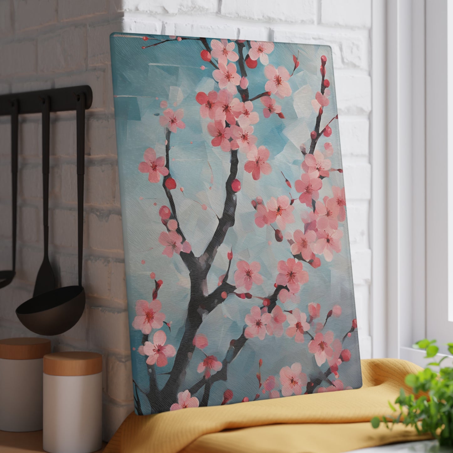 Kitchen Decor Glass Cutting Board Serving Tray with Plum Blossom Design Cutting Board Gift for Home Cook Fun Floral Charcuterie Board