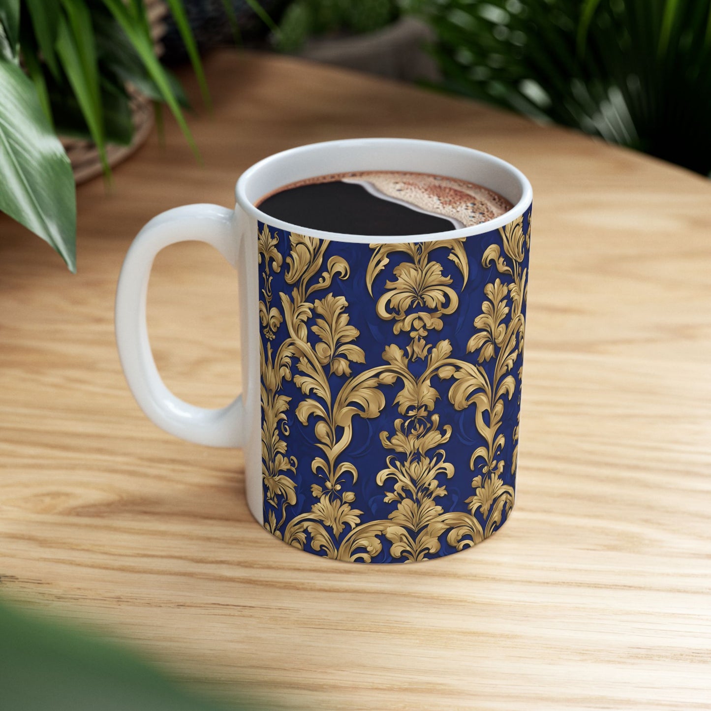 Beautiful Royal Blue and Gold Damask Vintage Tapestry Design Pattern Ceramic Mug, (11oz)
