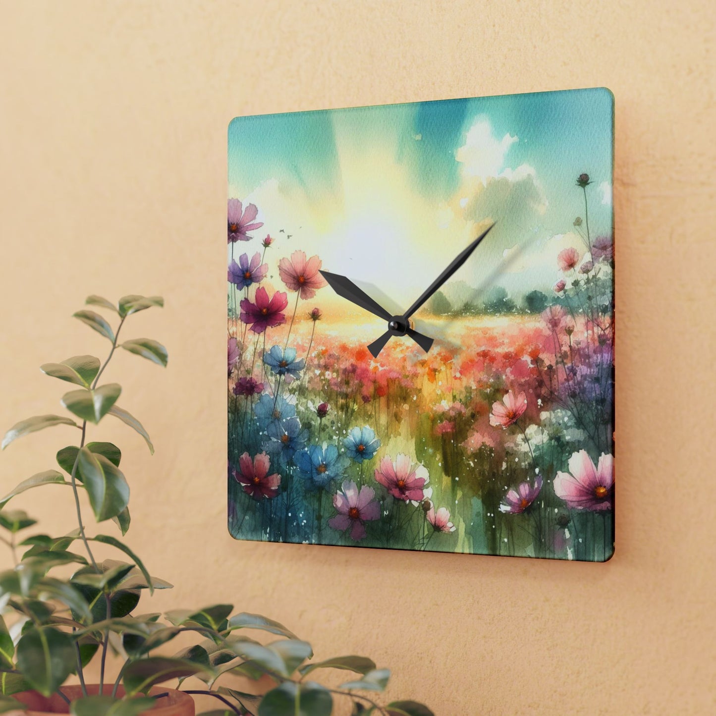Pastel Floral Design Acrylic Clock Unique Colorful Wall Clock for Kitchen or Living Room Nature Lover Field of Flowers Gardener Gift