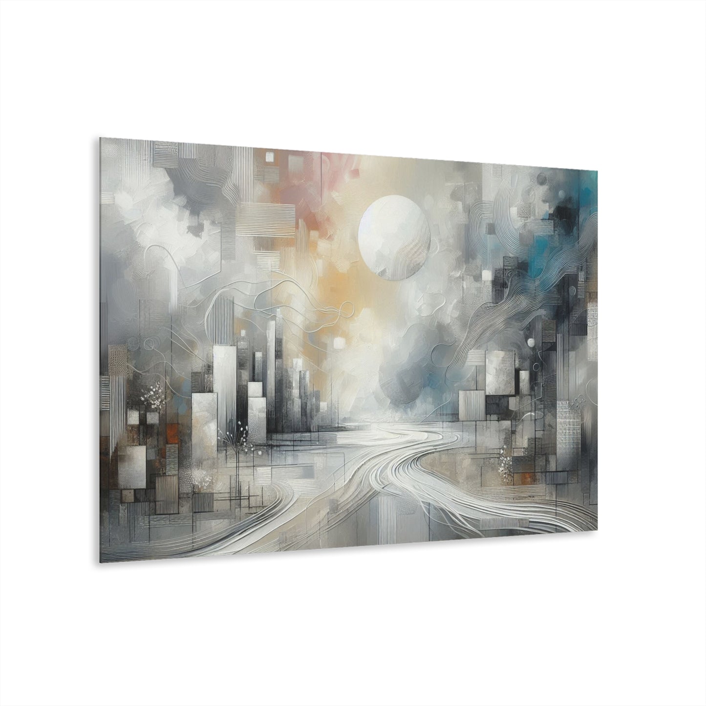 Abstract Modern Art Design Acrylic Print with Full Moon Downtown Art White Cityscape Nature Wall Art Relaxing Contemporary Artwork