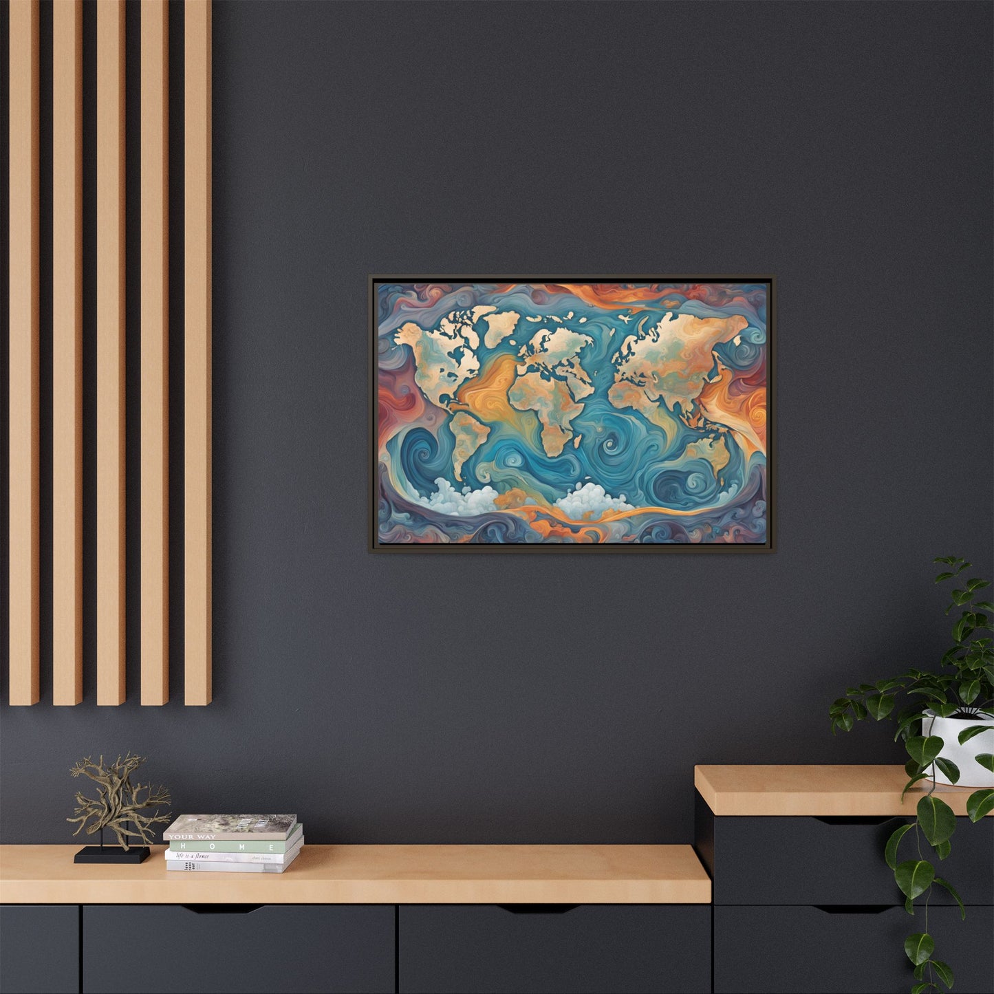 Modern Swirl Art Style Colorful Global World Map Print Matte Canvas Wall Art 3 frame colors to choose from