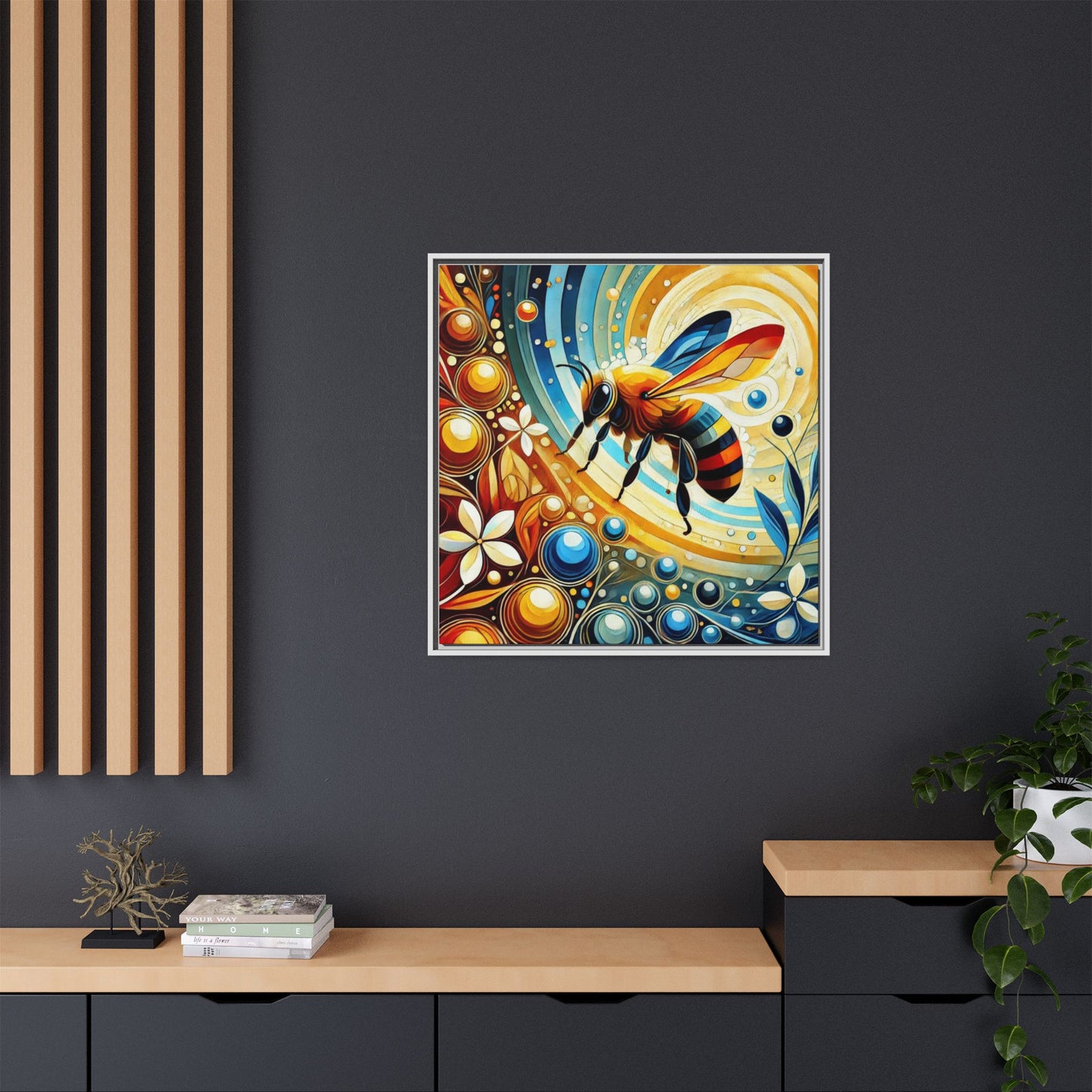 Modern Bee Print Abstract Design Unique Framed Canvas Print Insect Lover Wall Art Animal Lover Nature Lover Decor 3 frame colors