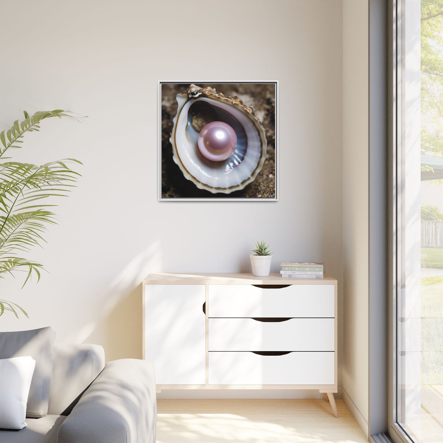 Pink Pearl in Oyster Shell Framed Canvas Wall Art Beach Lover Vacation Oceanic Gift Nature Lover Peaceful Zen Gift 3 frame colors