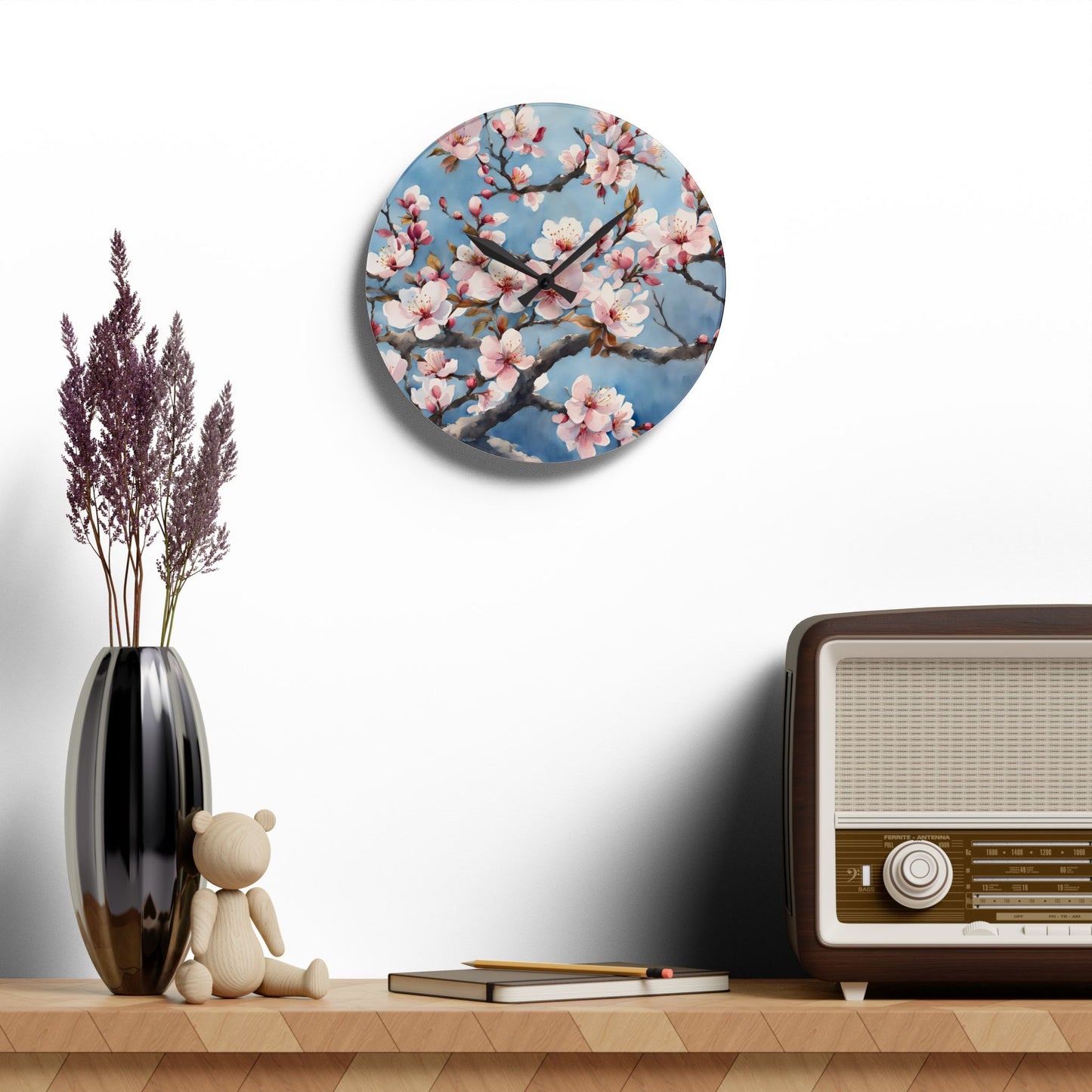 Asian Plum Blossom Design Acrylic Office Clock Unique Colorful Wall Clock for Kitchen or Living Room Nature Lover Gift Flower Art Design