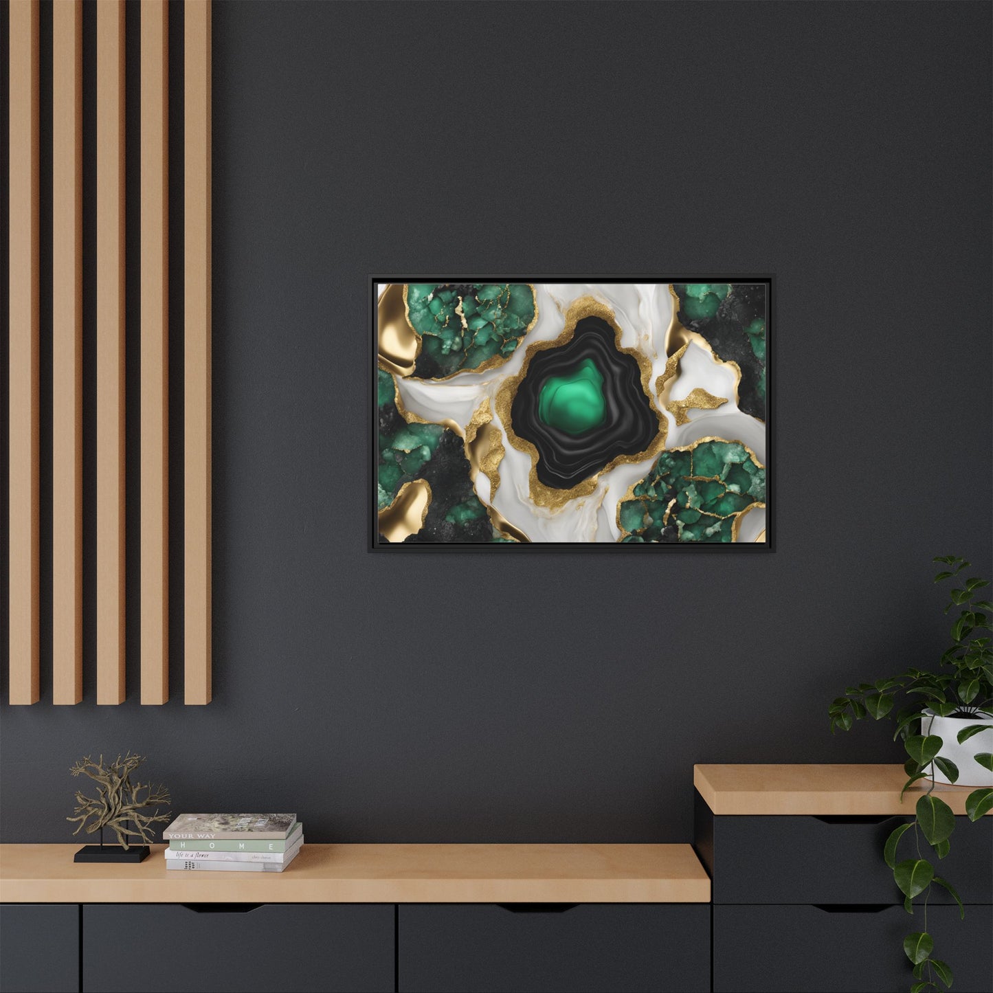 Emerald Green and Gold Quartz Crystal Design Print Matte Canvas Wall Art Nature Lover Gift Geology Rock Lover Gift 3 frame color choices