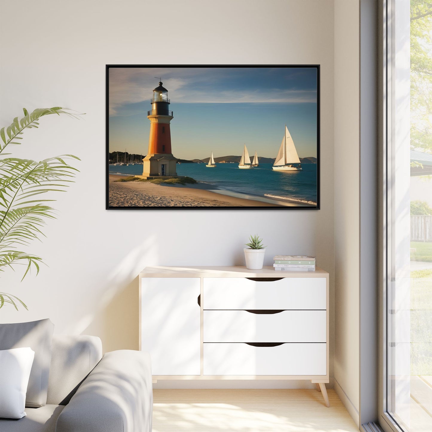 Lighthouse on the Beach Unique Framed Canvas Print Wall Art Nature Lover Gift Beachy Sailboats in the Ocean Vacation Decor 3 frame colors