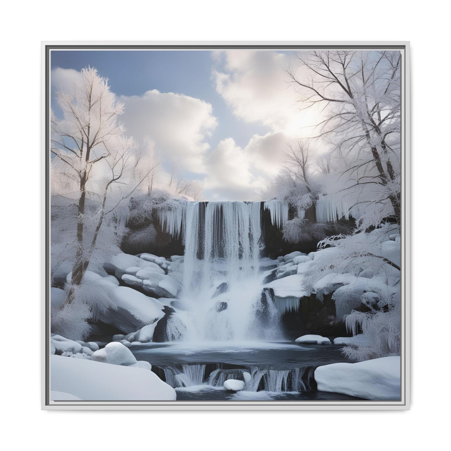 Modern Snowy Waterfall Design Unique Framed Canvas Wall Art Winter Scene Nature Lover Gift Mountain Landscape Decor Gift 3 frame colors