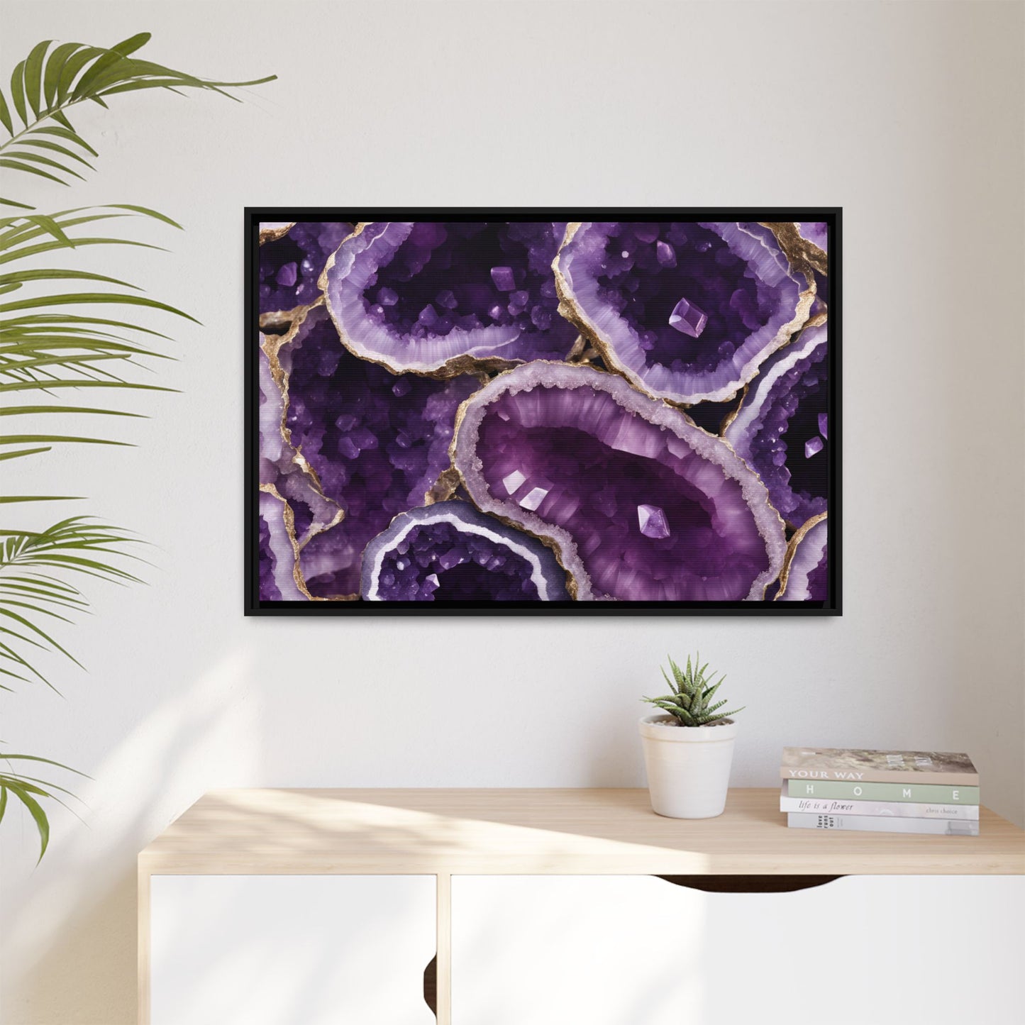 Purple Amethyst Crystal Geode Design Print Matte Canvas Wall Art Nature Lover Gift Geology Rock Lover Gift 3 frame colors to choose from