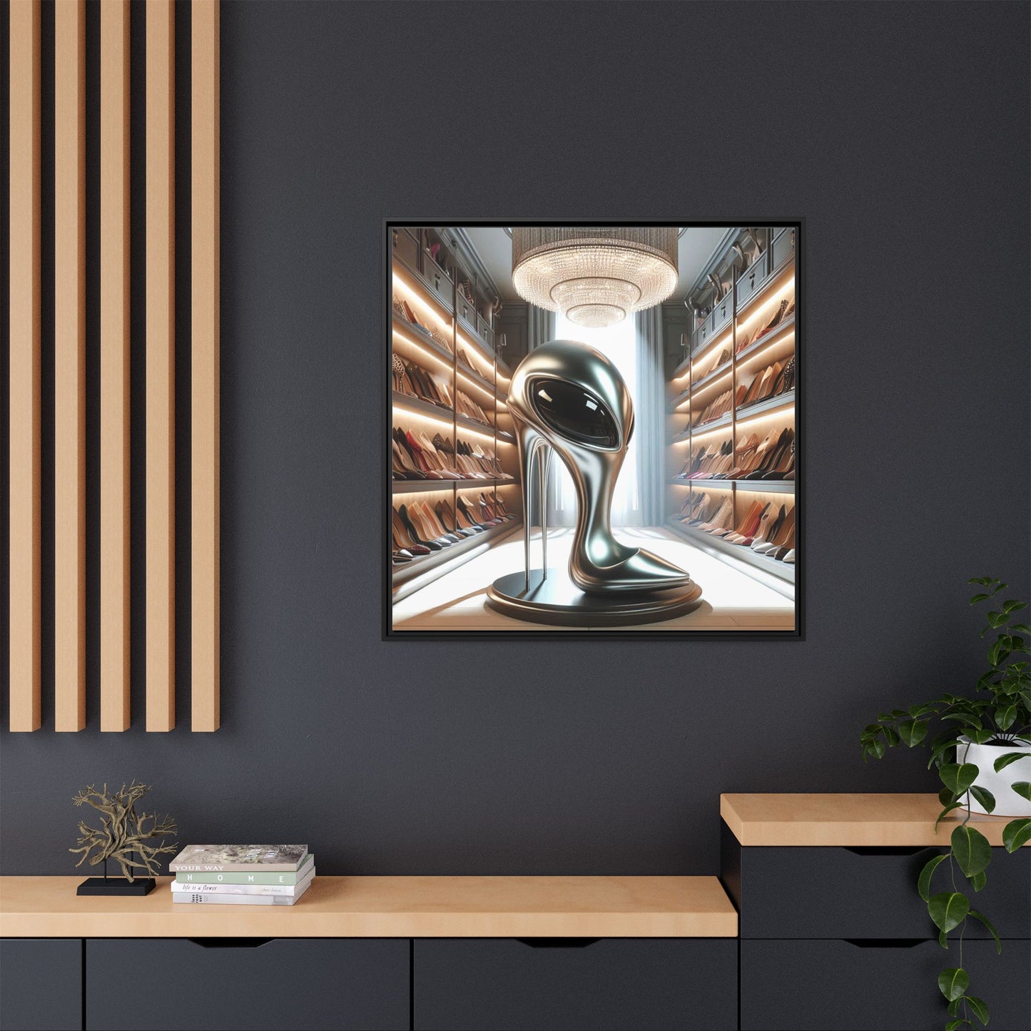 Alien High Heel Shoe Framed Canvas Print Wall Art Unique Fashion Designer Style Haute Couture Shoe Lover Fashionista Decor 3 Frame Colors