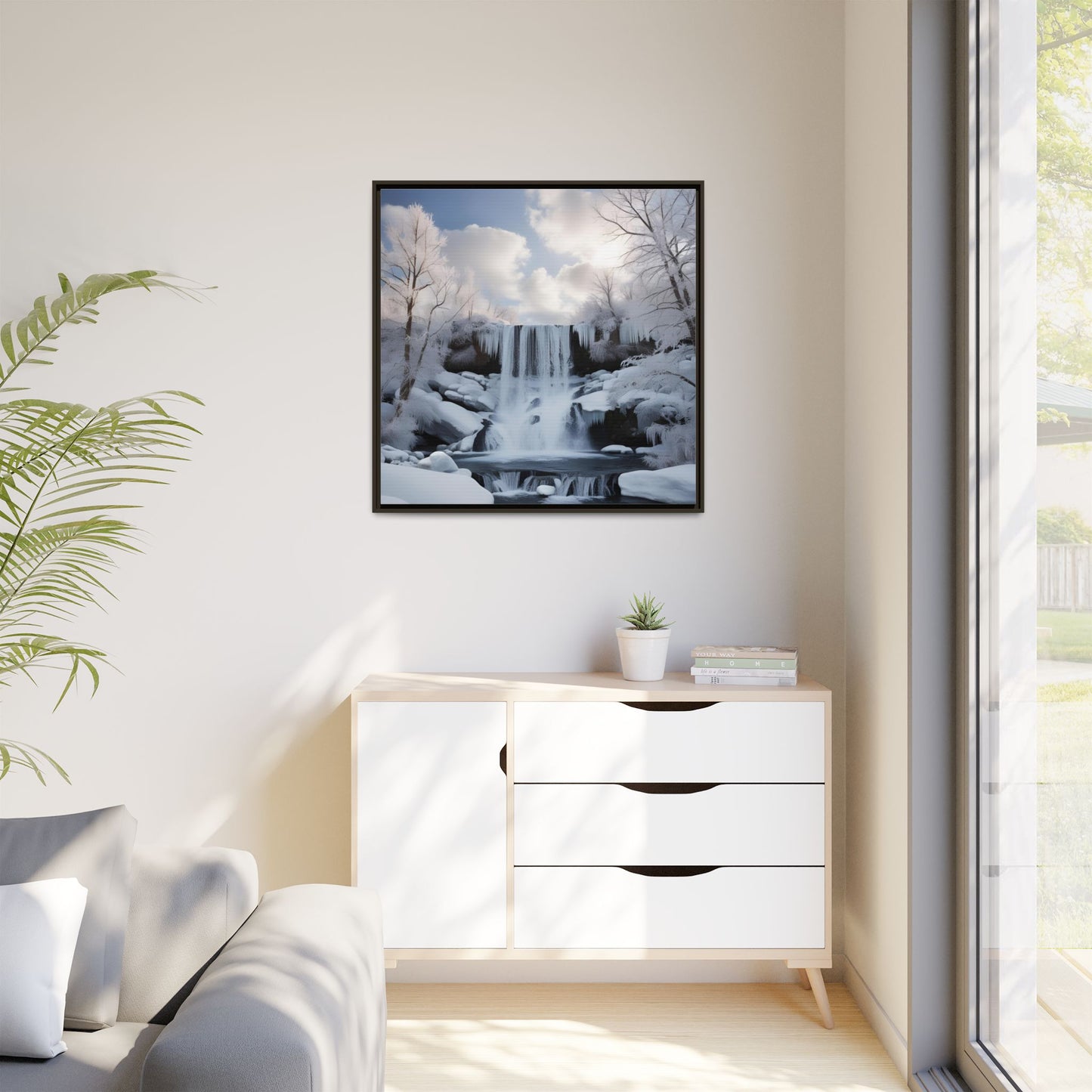 Modern Snowy Waterfall Design Unique Framed Canvas Wall Art Winter Scene Nature Lover Gift Mountain Landscape Decor Gift 3 frame colors