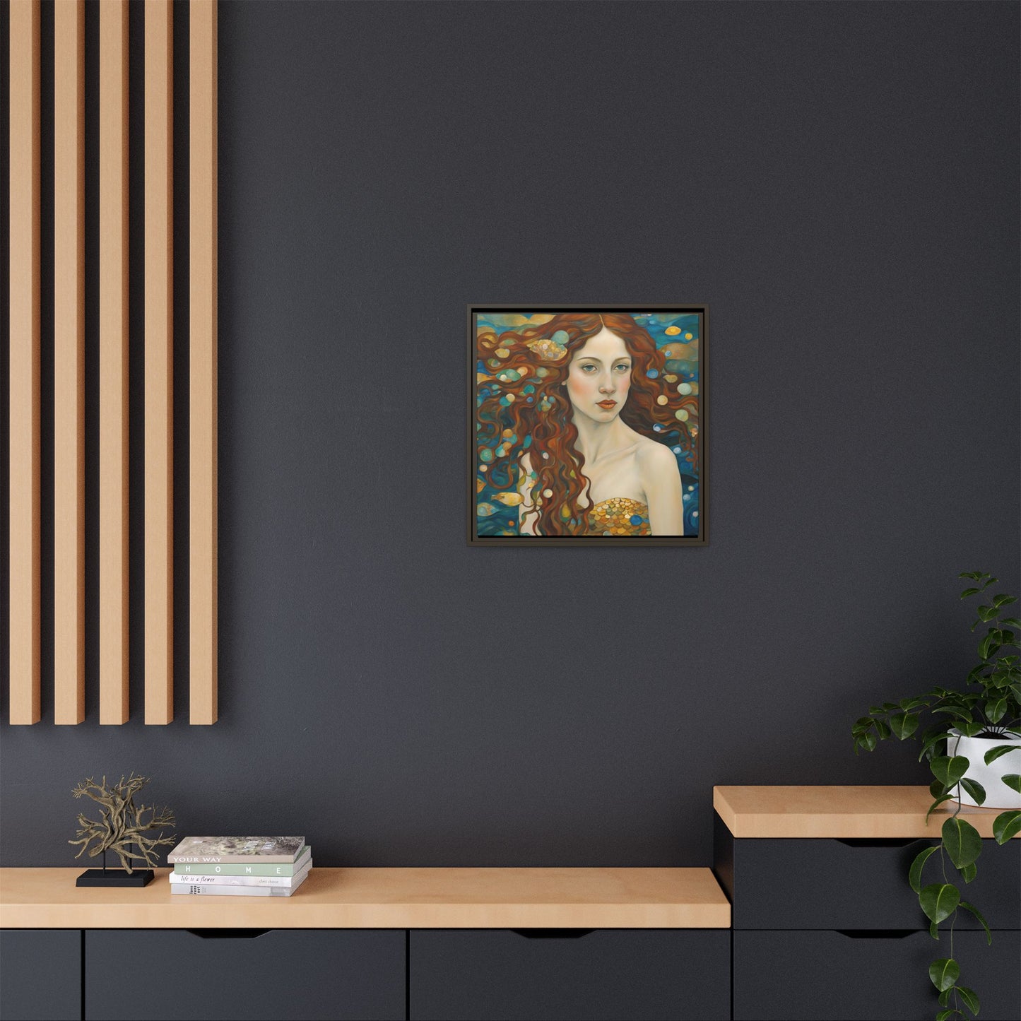 Modern Abstract Mermaid Design Unique Framed Canvas Oceanic Wall Art Underwater Gold Fish Anime Gift Nature Lover Gift 3 frame colors