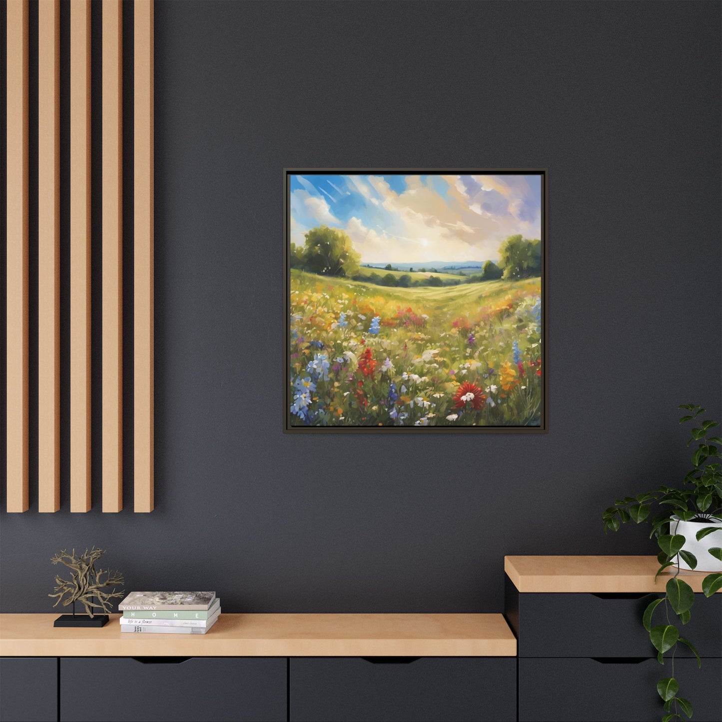 Modern Filed of Flowers Design Unique Framed Canvas Wall Art Gift Nature Lover Landscape Decor Gift 3 frame colors